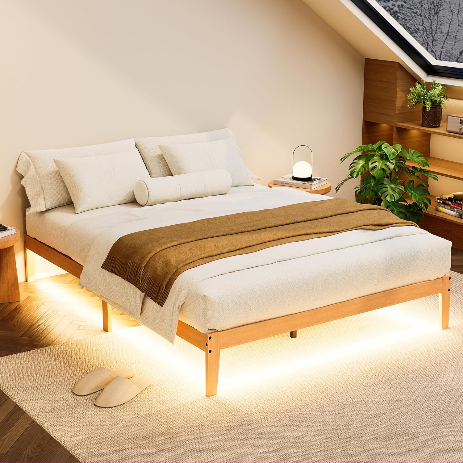 Tyndall Queen Size Bed Frame with LED Lights, 12 Inch Solid Wood Platform Bed Frame with Under Bed Storage, Wooden Slats Support, Natural Finish, No Box Spring Needed, Noise Free, Easy Assembly