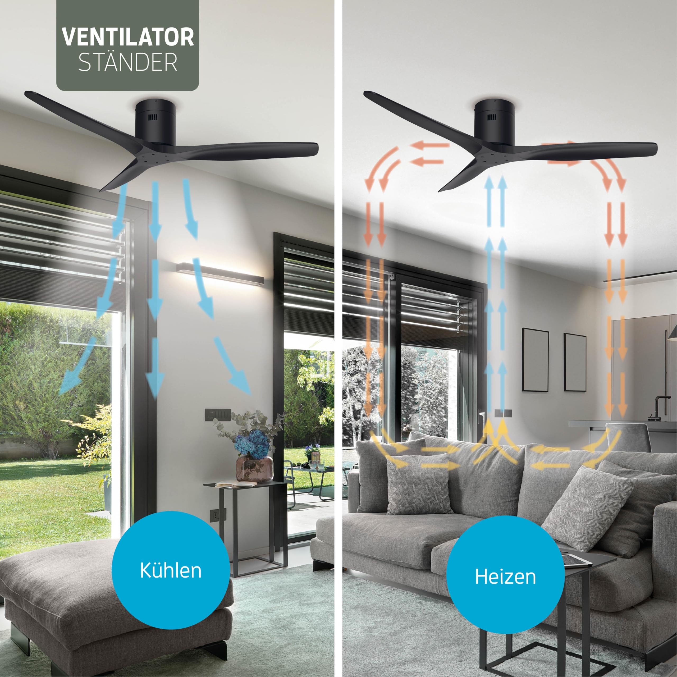 Varin® Smart Deckenventilator, Tuya WLAN, Lange Flügel, 6 Geschwindigkeiten, Ventilator Leise 20 dB, Deckenventilator mit Fernbedienung und App, Ø 132 cm, Schwarz