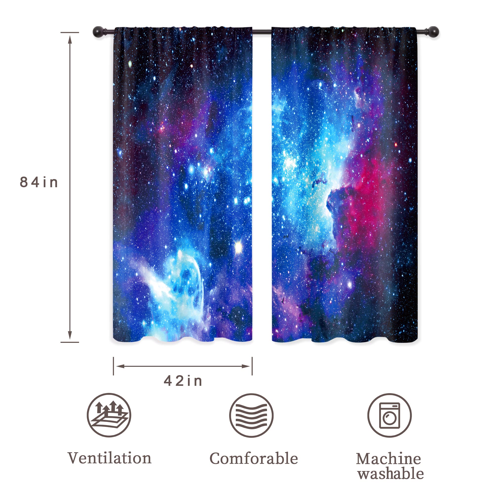 Riyidecor Galaxy Outer Space Nebula Curtains Blue Universe Starry Black Trippy Rod Pocket Planets Fantasy Mysterious for Boys Kids Child Bedroom Living Room Treatment Fabric 2 Panels 42Wx84H Inch