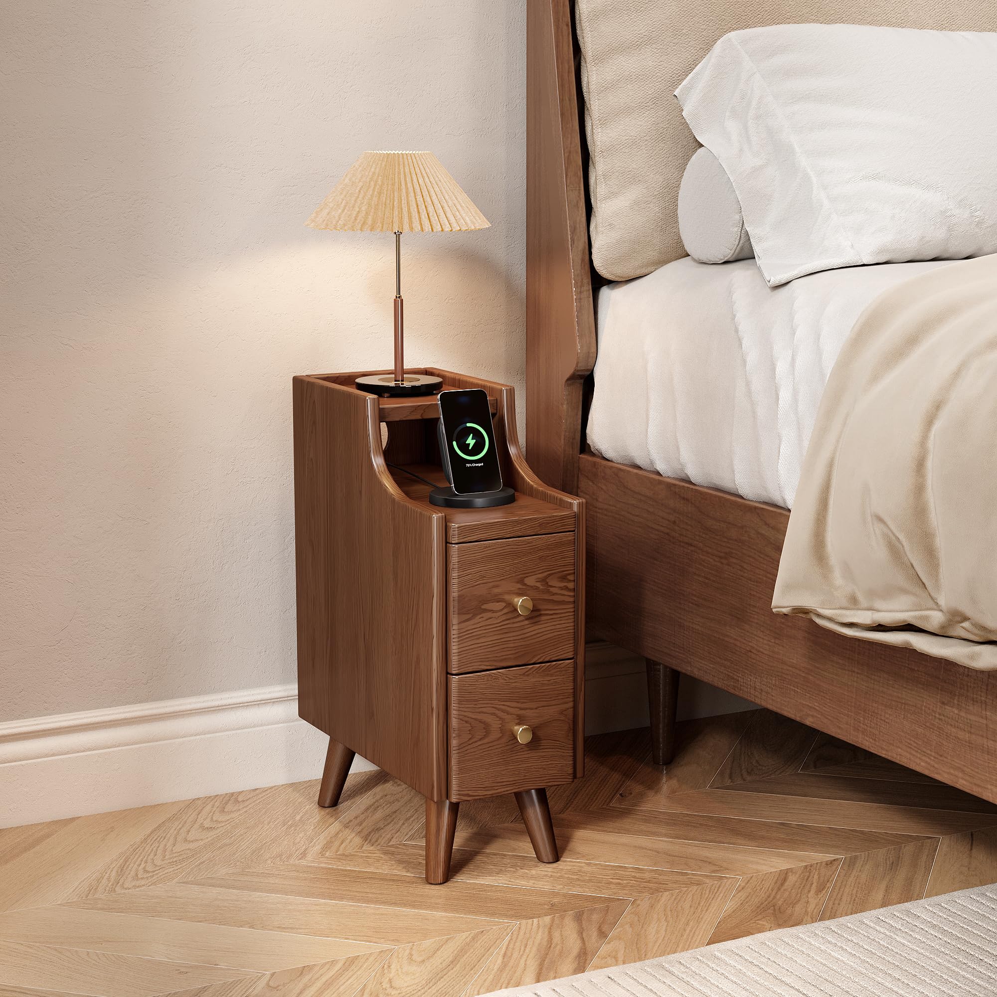 Narrow Nightstand with Drawers,7.9" Slim Solid Wood Bedside Table with Open Shelf & Cable Hole,Small End Tables for Small Spaces,Walnut Side Tables Bedroom & Dorm Walnut 15.7"D x 7.9"W x 22"H (2 Drawers)