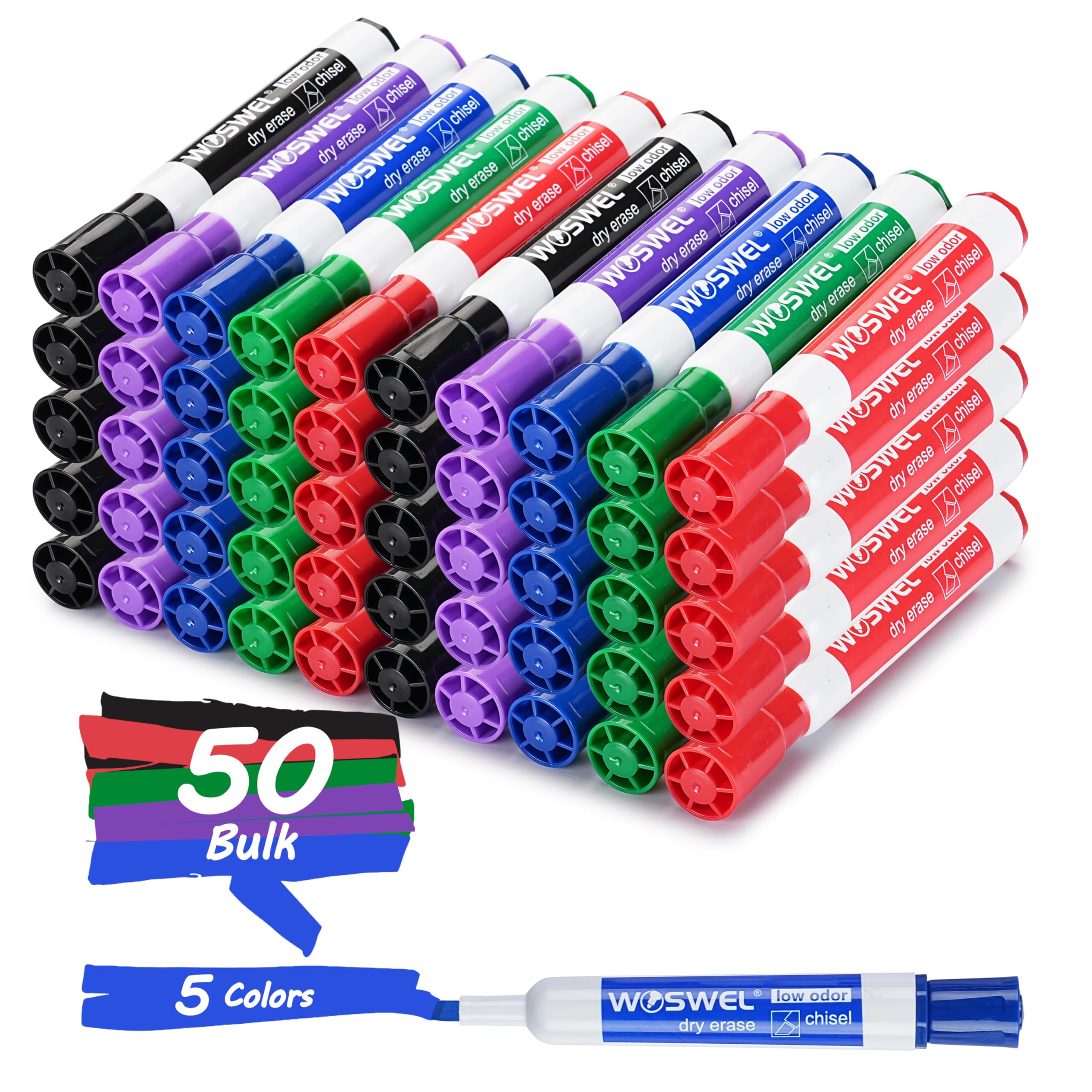 WOSWEL Marcadores de borrado en seco, marcadores de pizarra blanca con punta de cincel, marcadores secos gruesos de bajo olor, 50 a granel, 5 colores surtidos para niños/profesores, aula, oficina y