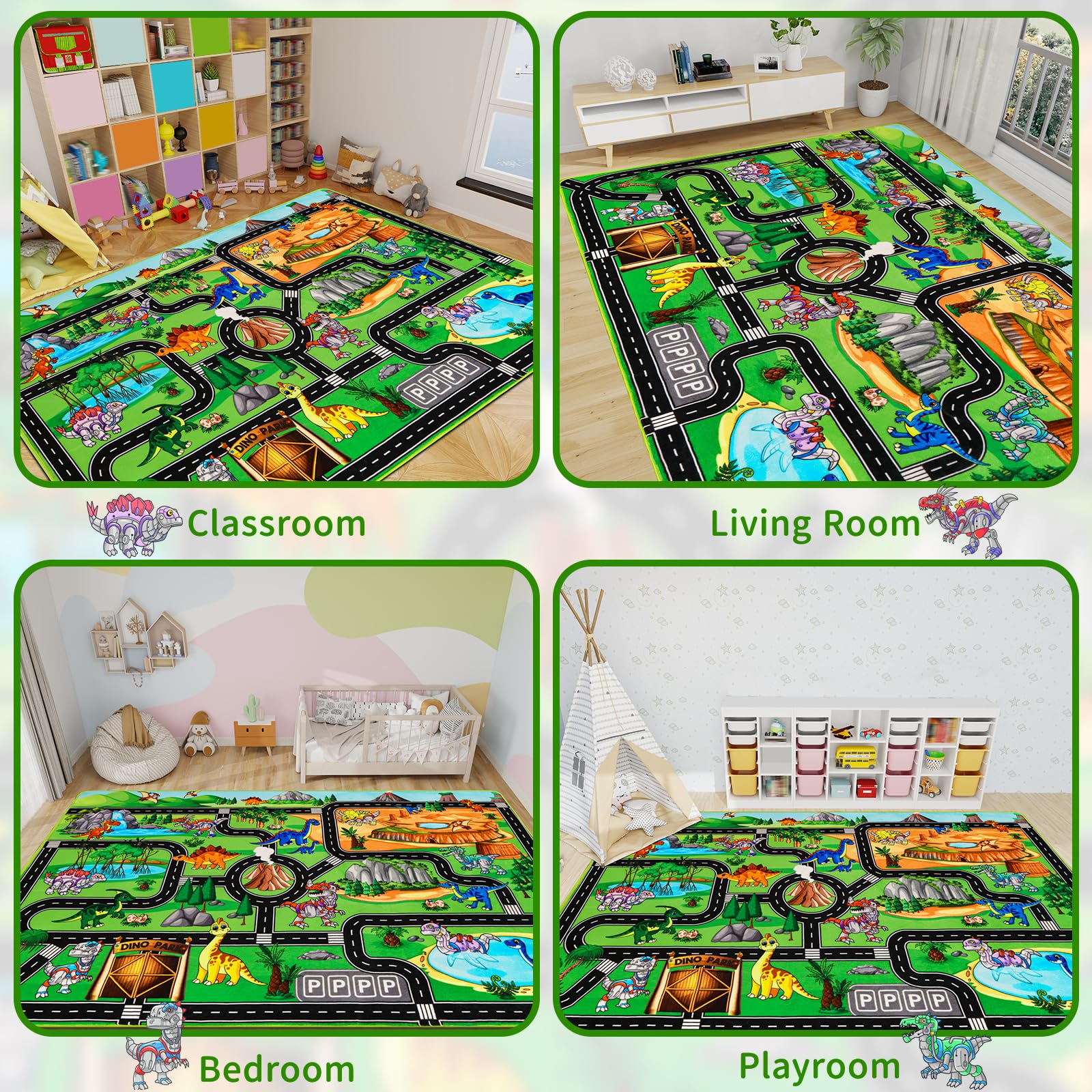 Tapis de jeu pour enfants – Circuit routier, robots et dinosaures 200 × 150 CM Tapis sur le thème du Jurassique pour petites voitures – Idéal pour chambre d'enfant et salle de jeux
