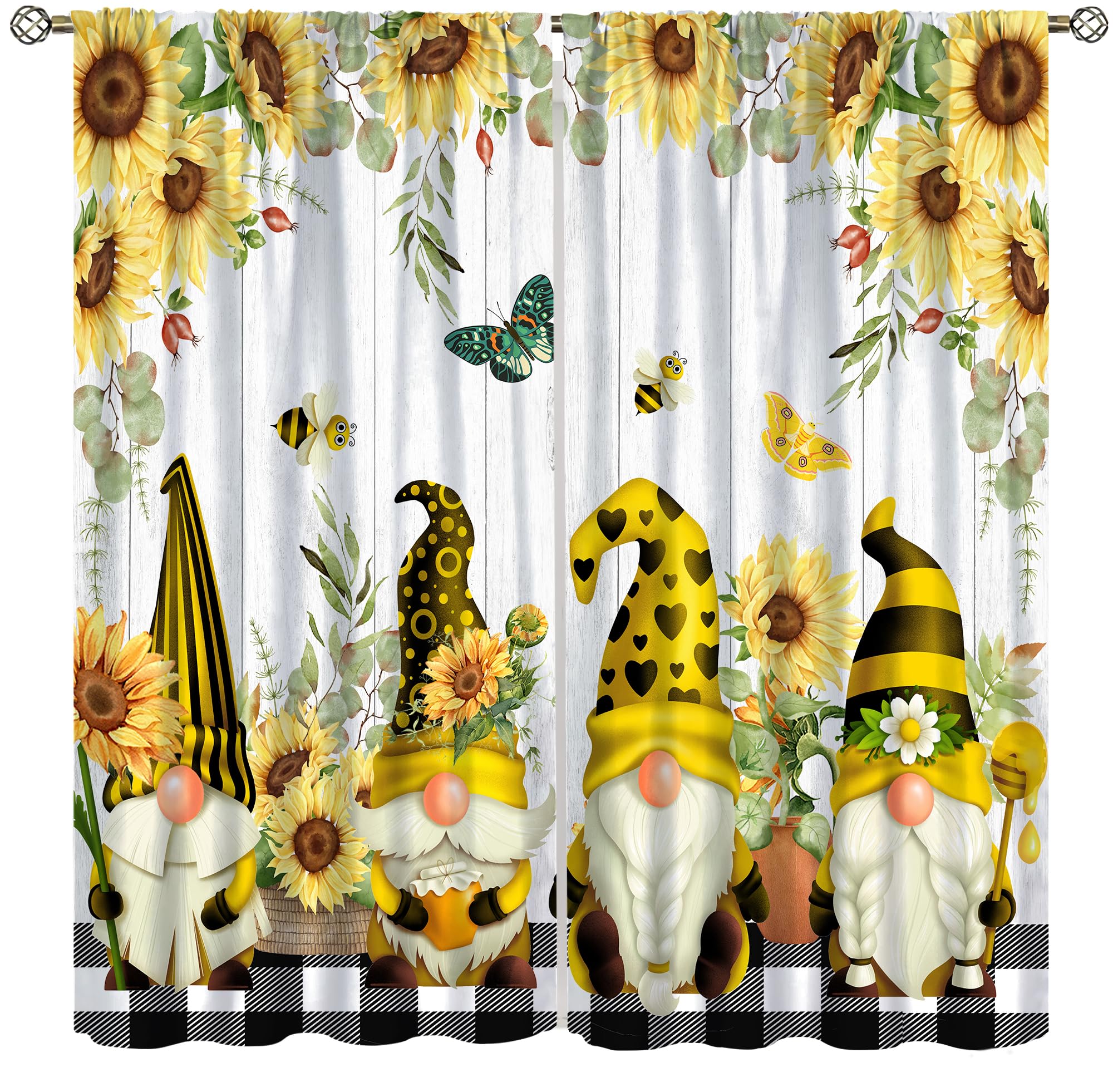 Dkmqqul Sunflower-1 Farmhouse Sunflower Curtains, Cute Bee Gnomes Yellow Floral Rustic Window Treatment For Kitchen Living Room Bedroom Drapes, 42X45 Inch