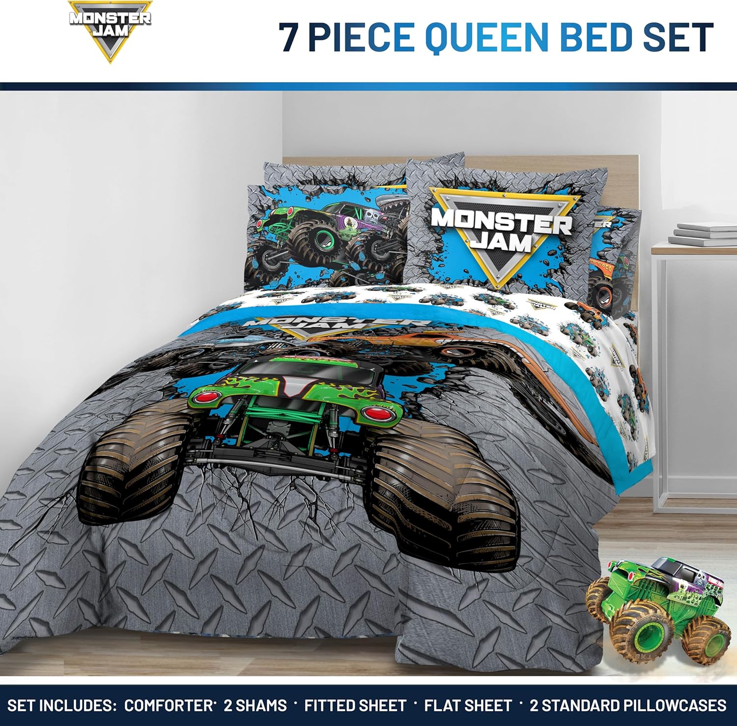 Jay Franco Kids Comforter Set Includes Sheets and Pillow Covers - Soft and Cozy Bed Set for Stylish Room Decor, Gray - Monster Jam 01, 7 Piece Queen Size Bedding - Image 2