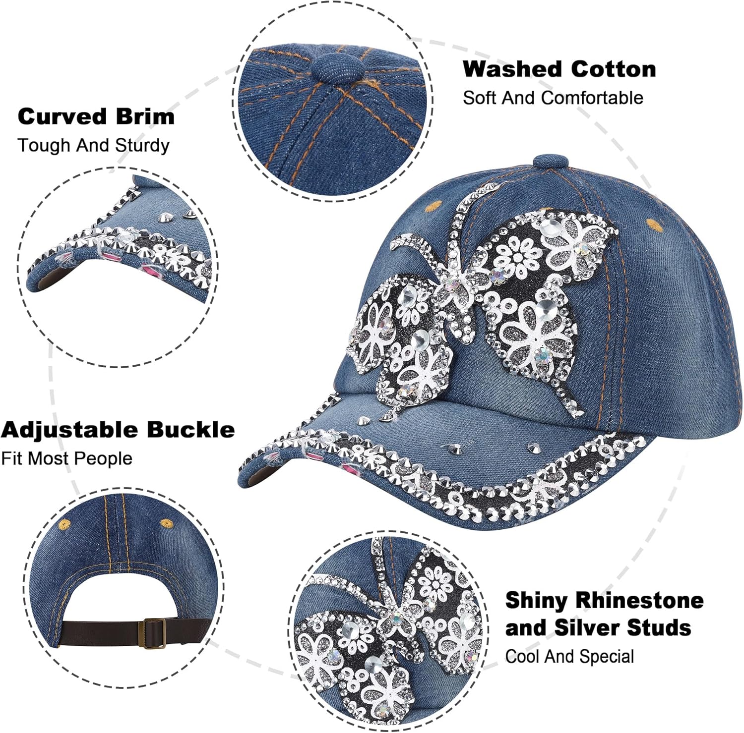 FALETO Bling Baseball Cap for Women Bejeweled Distressed Denim and Diamonds Hat Studded Rhinestone Cap - Image 5
