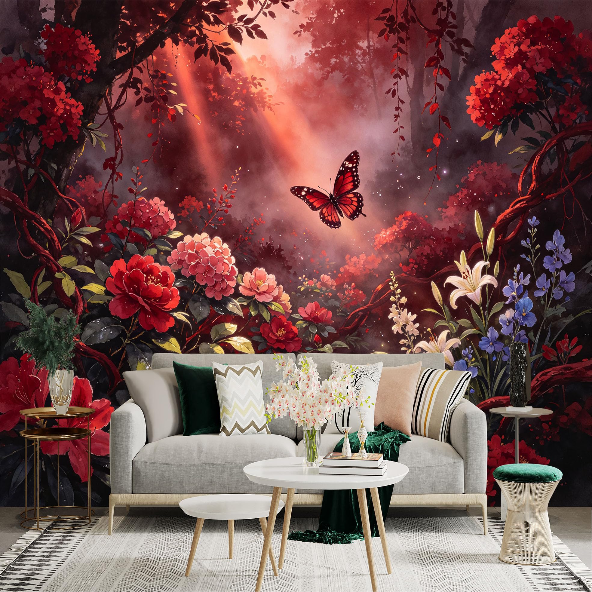 Lnzczhyre Bh260719226 Custom Size Wall Sticker Mural， Red Butterfly In Enchanted Forest， Vibrant Floral Landscape， Ethereal Sunbeams， For Wall Decoration， Peelandstick Wall Decals.