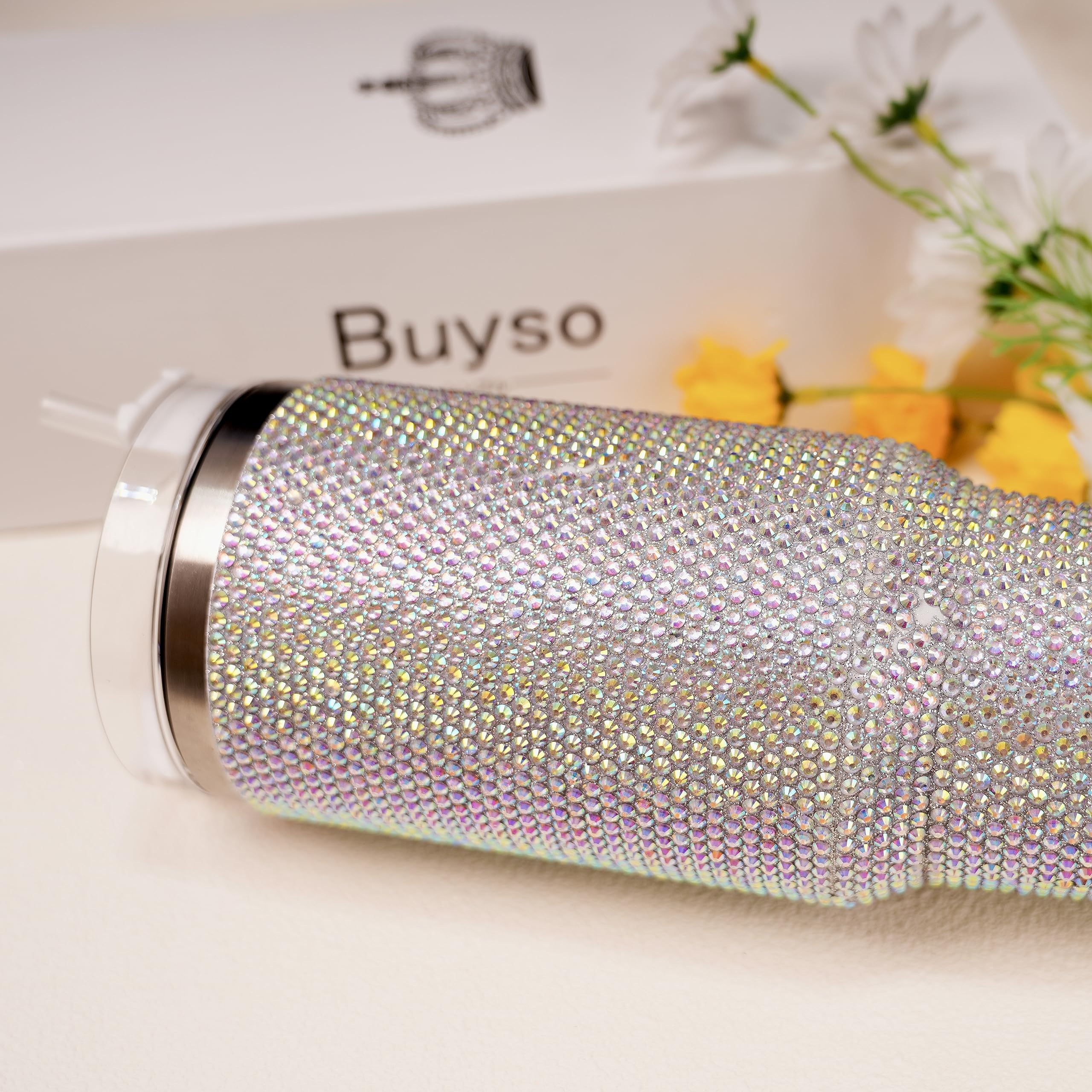 Glitzernder Becher mit Griff, Strasssteine, Becher mit Deckel und Strohhalm, isoliert, Edelstahl, doppelwandig, Wasserbecher, Reisebecher für Damen, 1,2 l, glänzend, 1,2 l