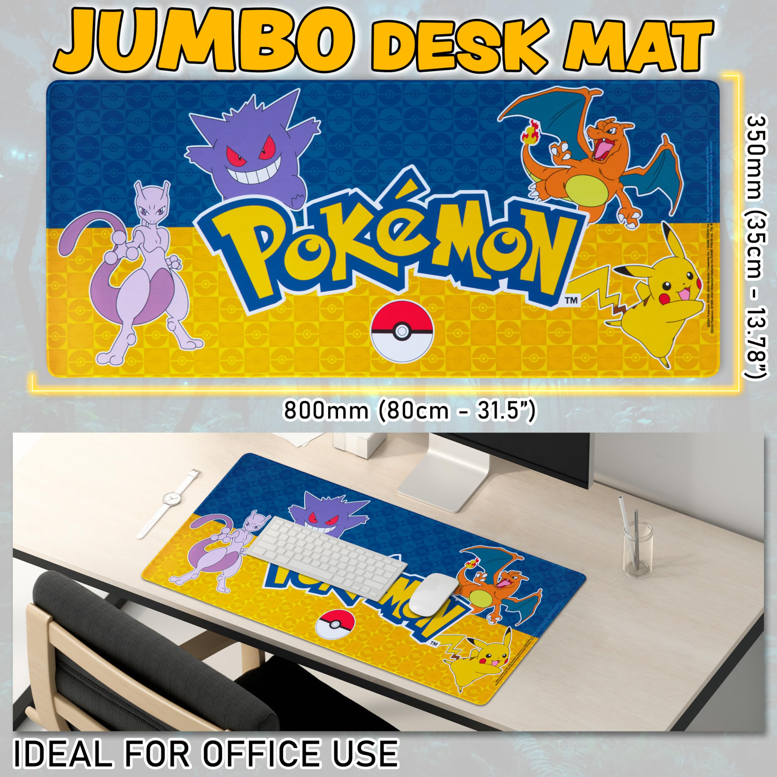 Pokémon Alfombrilla Ratón Antideslizante Pikachu Alfombrilla Gaming Grande 80x35 cm Tapete Escritorio 80 x 35cm Regalo Gamer (Azul Marino)