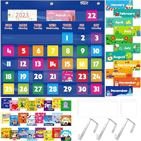 Amazon.com: Black Classroom Monthly Calendar Pocket Chart with 89 Cards ...