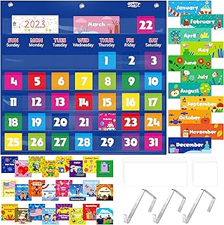 Calendar Pocket Chart, Classroom Monthly Pocket Chart with 76 Cards (68 Illustrated Activity Cards, 8 Dry Erase Blank Cards) plus 3 Over Door Metal Hangers for Classroom Home Preschool (20" x 19")