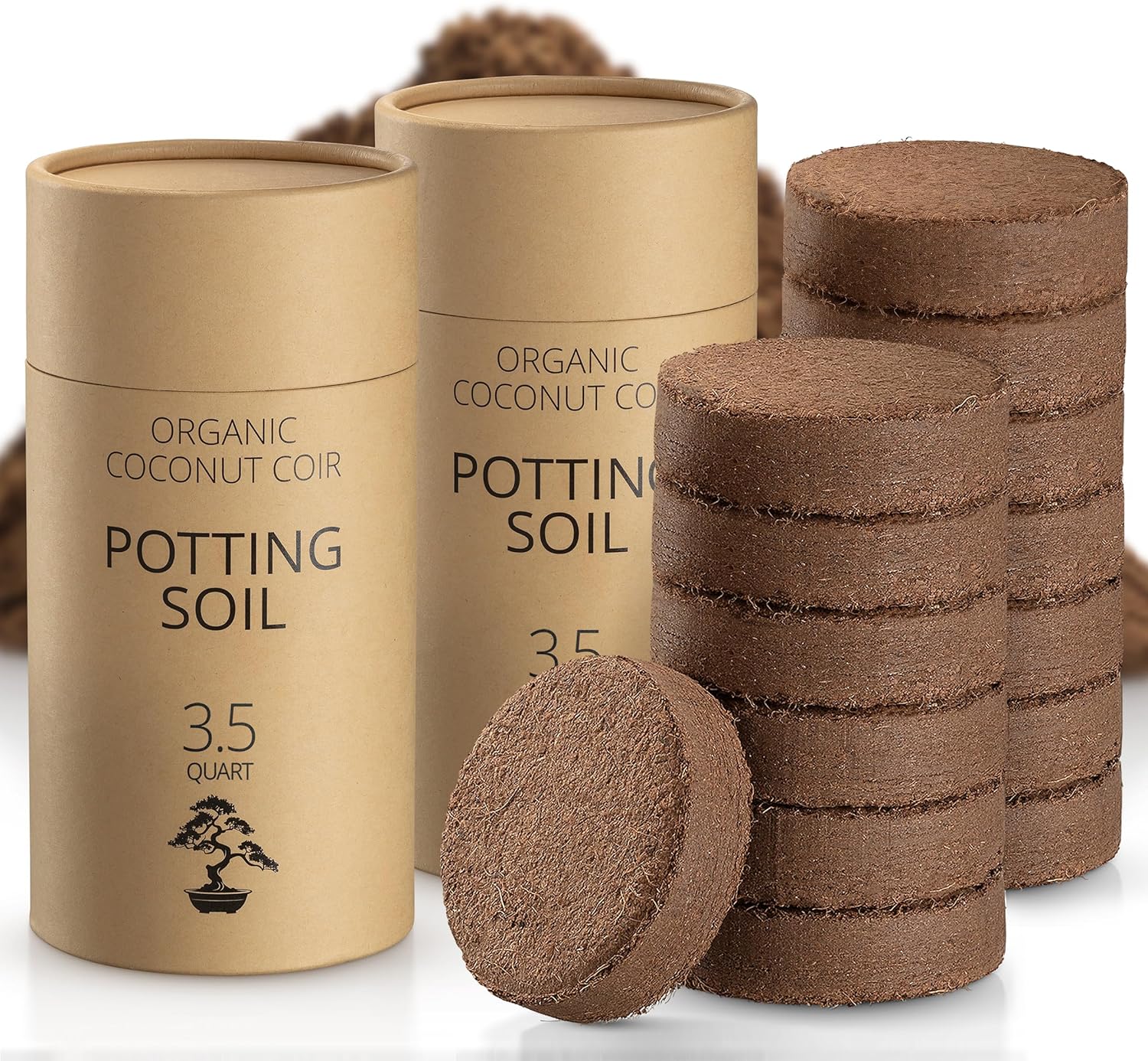 Coconut Coir Potting Soil for Indoor Plants - Expands to 7 Quart (15 lb) | Bonsai Soil Discs Perfect for General Houseplants, Herbs, and Bonsai Trees - Expands with Water
