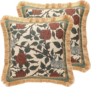 patdrea Designer Throw Pillow Covers Set of 2, French Elegant Green Linen with Rose and Animal Floral Pattern Pillow Cases, Decorative Square Pillow Cases Cushion for Bed Living Room Outdoor,45 X 45