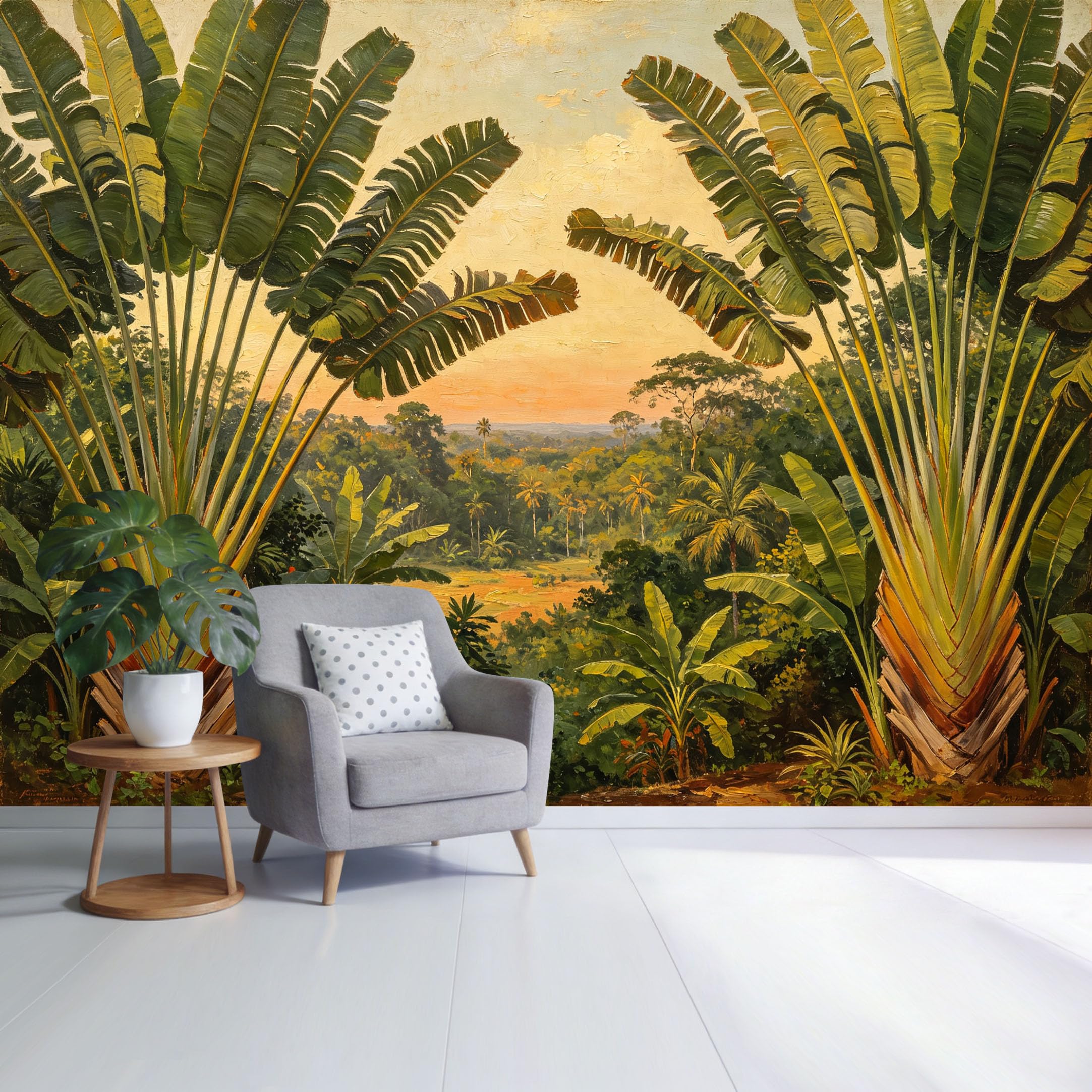 Custom Size Wall Mural Tropical Jungle Green Banana Palm Sunrise Landscape SelfAdhesive Wall Fabric Removable Wallpaper for Home Office Decor