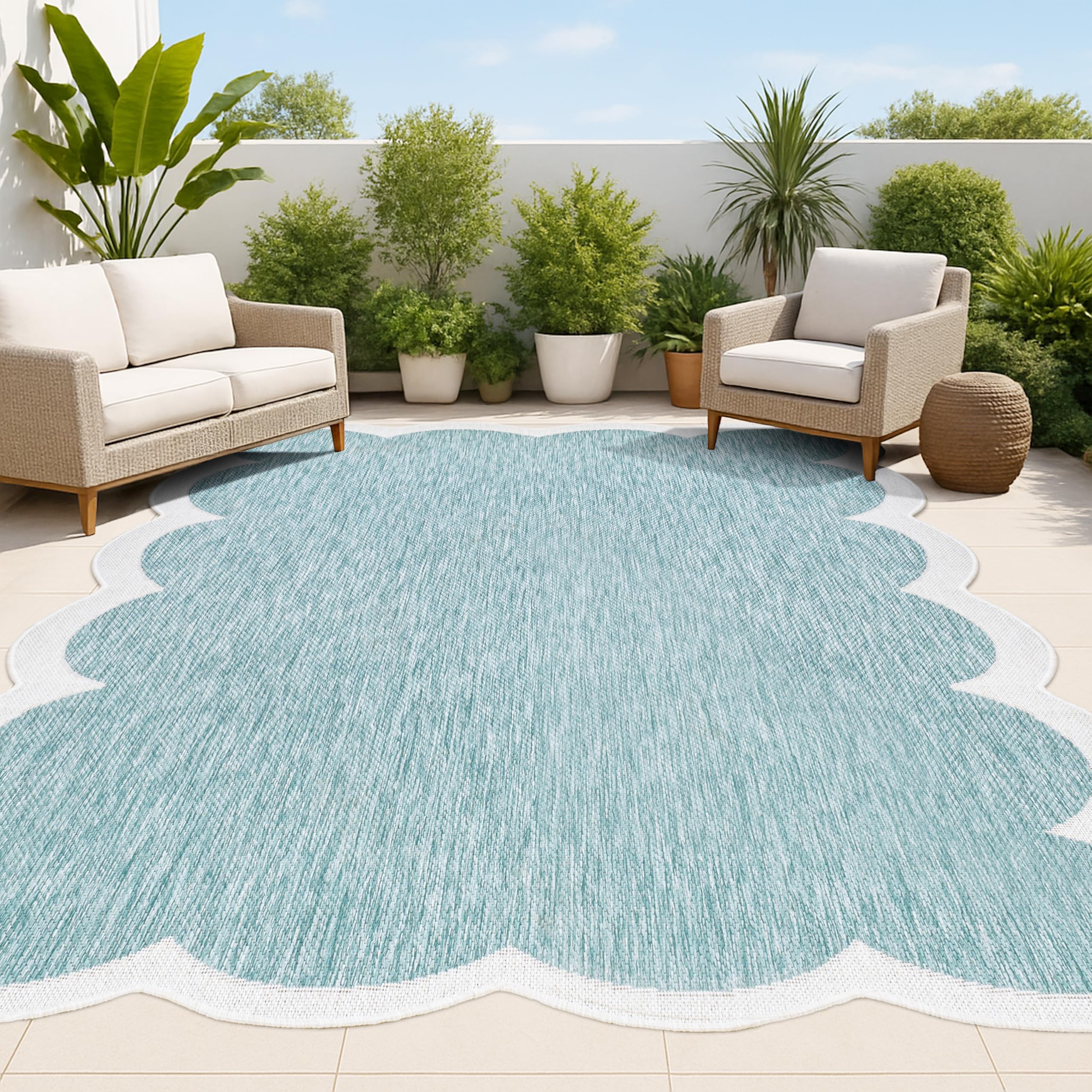 JONATHAN Y Cottage Two-Tone Scalloped Indoor Outdoor Area Rug 5X8 Turquoise/Cream, Alice Classic for Backyard, Patio, Porch, Easy-Cleaning, High