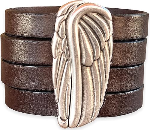 Wide Leather Cuff Bracelet for Women Angel Wings Custom Handmade Fashion Jewelry For Her