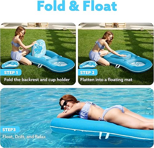 Miniatura 6 de SLOOSH Pool Floats Lounger Adult, Fabric Pool Floaties Lounge Convertible 2-in-1 Floating Water Floaty with Cup Holders Adjustable Backrest Recliner
