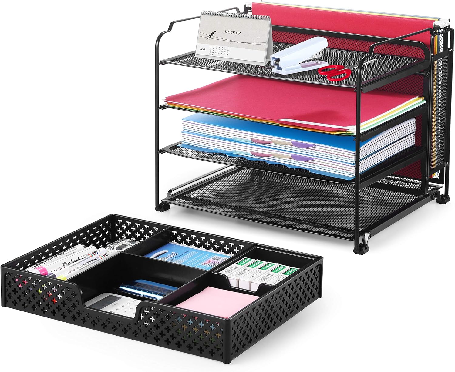 Simple Trending 4-Trays Mesh Office Supplies Desk Organizer, Desktop Hanging File Holder with Plastic Drawer Organizer and Vertical Upright Section for Office Home, Black : Office Products
