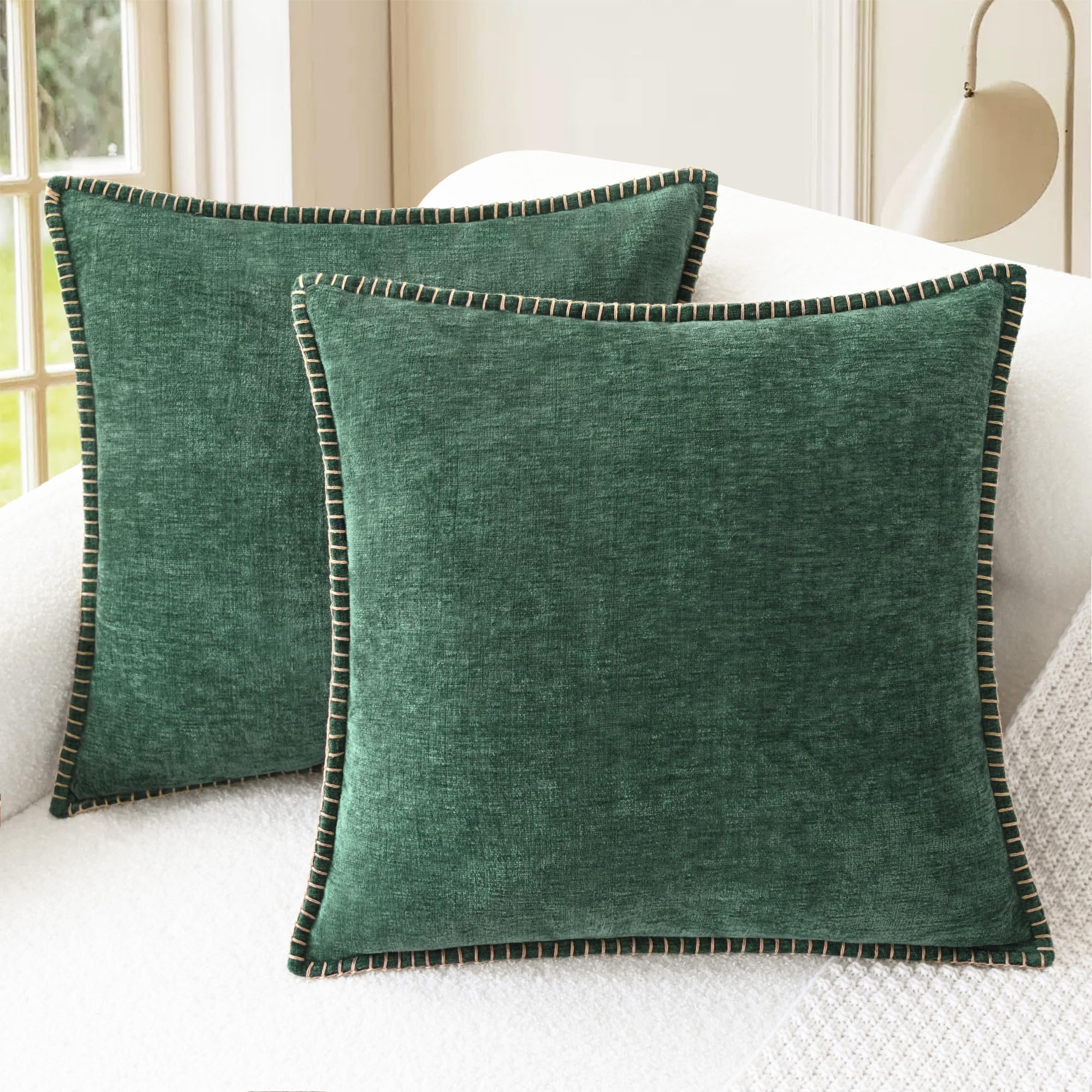 CaliTime Throw Pillow Cases Pack of 2 Cotton Thread Stitching Edges Solid Dyed Soft Chenille Cushion Covers for Couch Sofa Home Farmhouse Decoration 45 x 45cm Dark Green