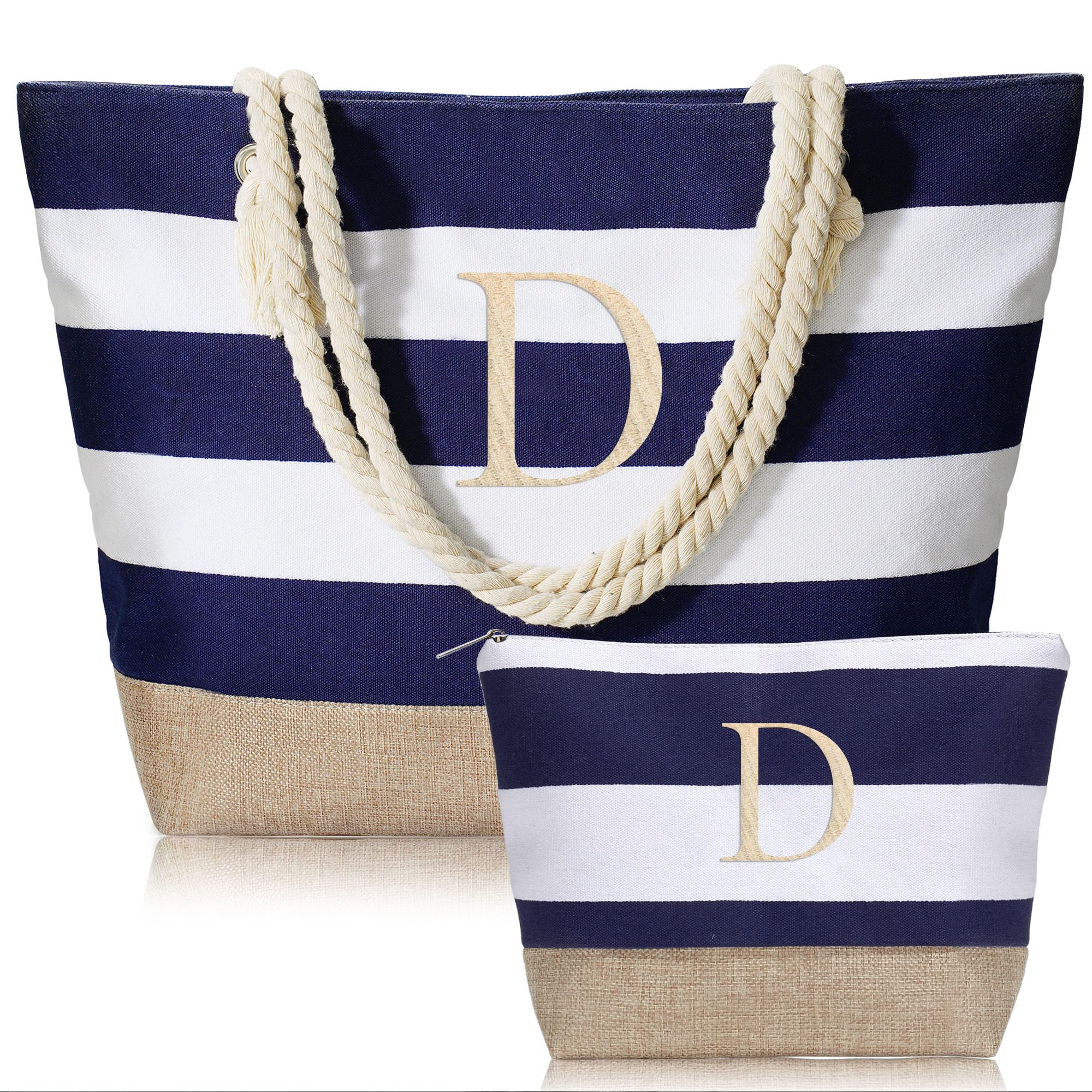 YOOLIFEPersonalized Waterproof Canvas Initial Beach Tote Bag with Makeup Bag Zipper Pocket Gifts for Women Her