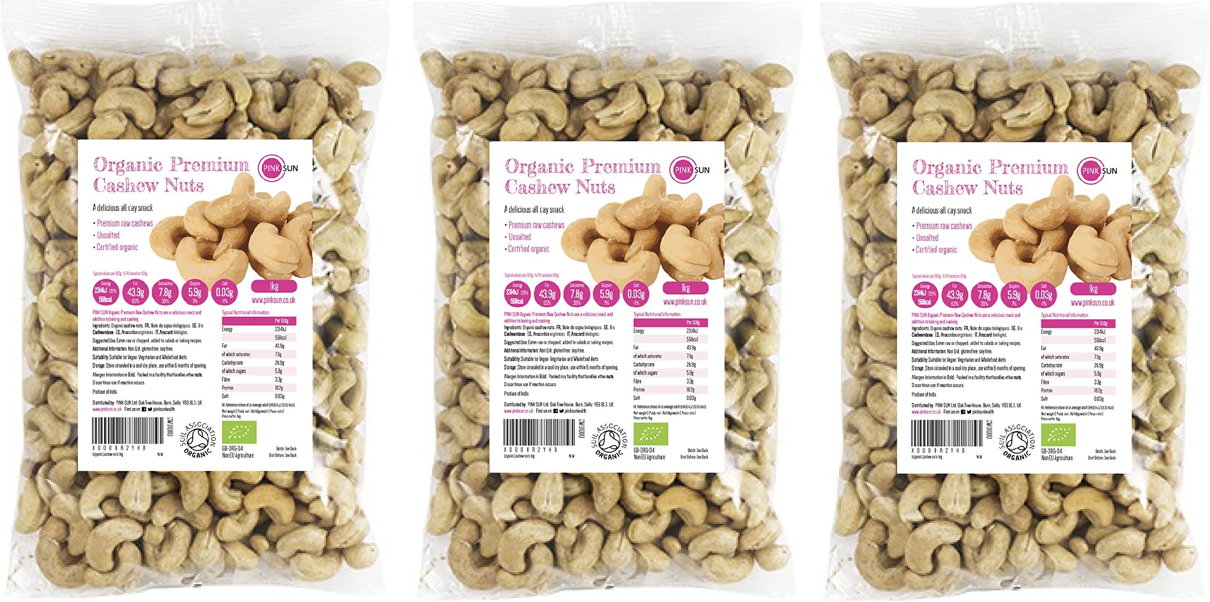 PINK SUN Organic Cashew Nuts 3kg (1kg x 3) Raw Natural Cashews Unsalted Whole Foods Kernels Unpasteurised Unroasted Gluten Free Vegetarian Vegan Bio Bulk Buy