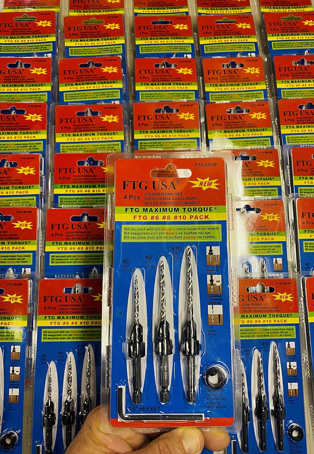FTG USA Wood Countersink Drill Bit Set #6#8#10 Set Countersink HSS M2 Tapered Drill Bits, Quick Change Hex Shank Countersink Bit, 1 Stop Collar, 1 Allen Wrench, 6 Storage Containers for Countersinks