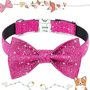 Jumpress Girl Dog Collar with Bow, Bling Female Bowtie Dog Collar for Puppy Small Dogs and Cats Daily Walking or Holiday Party (Hot Pink, Neck fit 9-12)