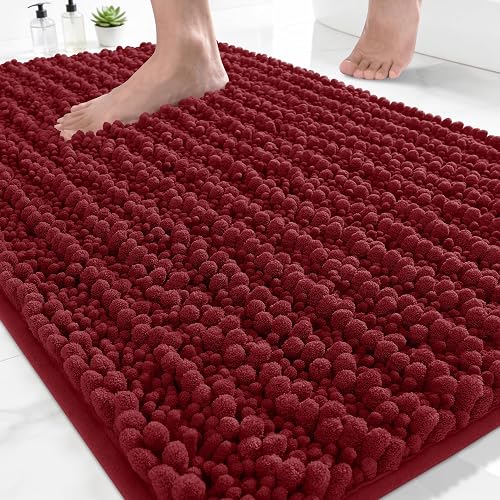 Yimobra Bathroom Rugs Non Slip Washable 24x17 Inch - Ultra Soft Absorbent Chenille Bath Mat, Quick Dry Shaggy Floor Carpet for Tub Shower, Red Home Decor Accessories