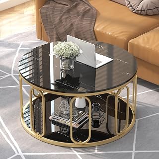 NSdirect Round Coffee Table, 34" Modern Wooden Marble Coffee Table with 2-Tier Open Storage Shelf & Sturdy Gold Metal Frame for Living Room, Black