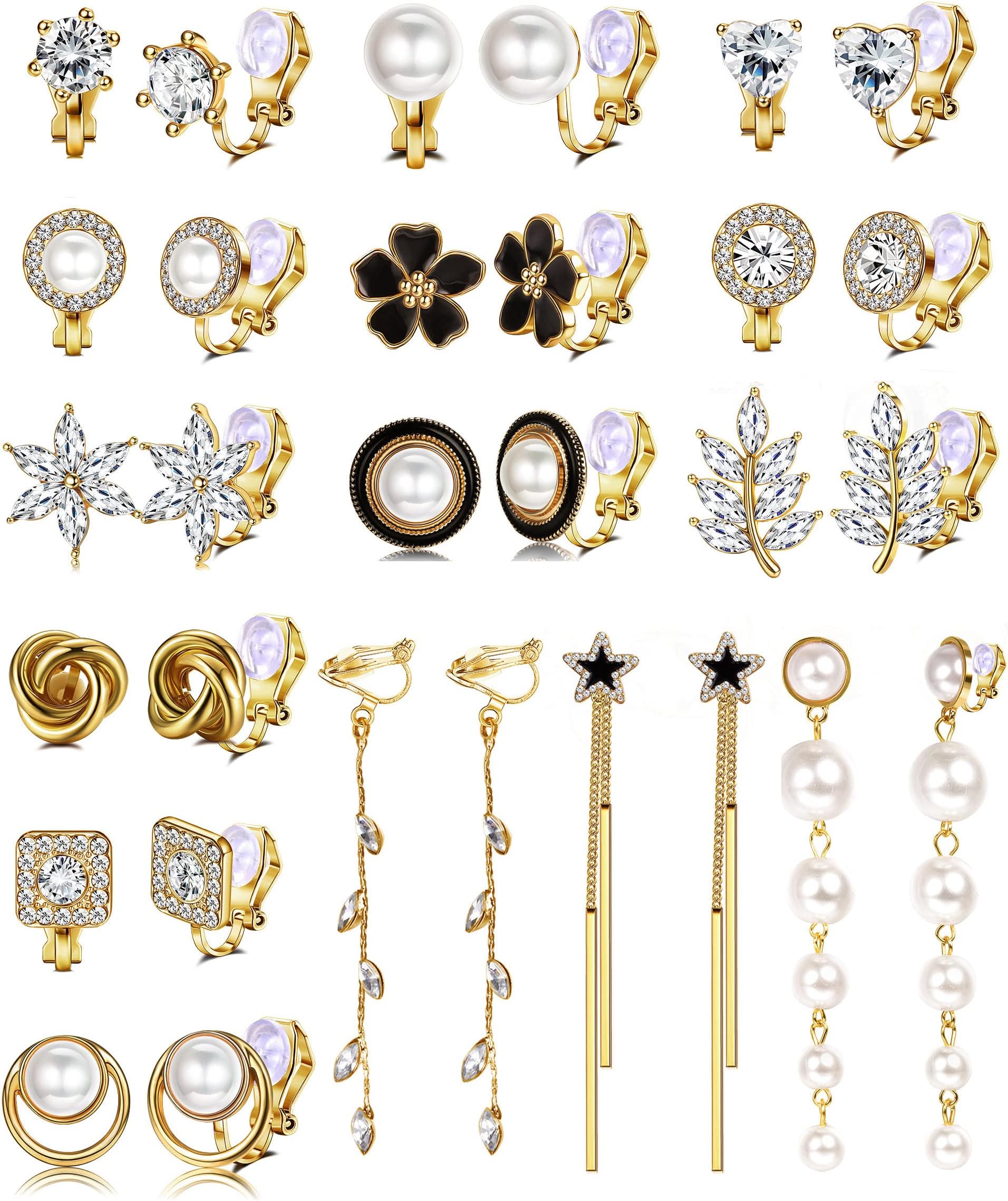 SAILIMUE 13/15Pairs Gold Clip On Earrings for Women Cubic Zirconia Simulated Pearl Leaf Flower Drop Dangle Clip Earrings Hypoallergenic Non Piercing Fake Clip On Earrings Jewelry Set