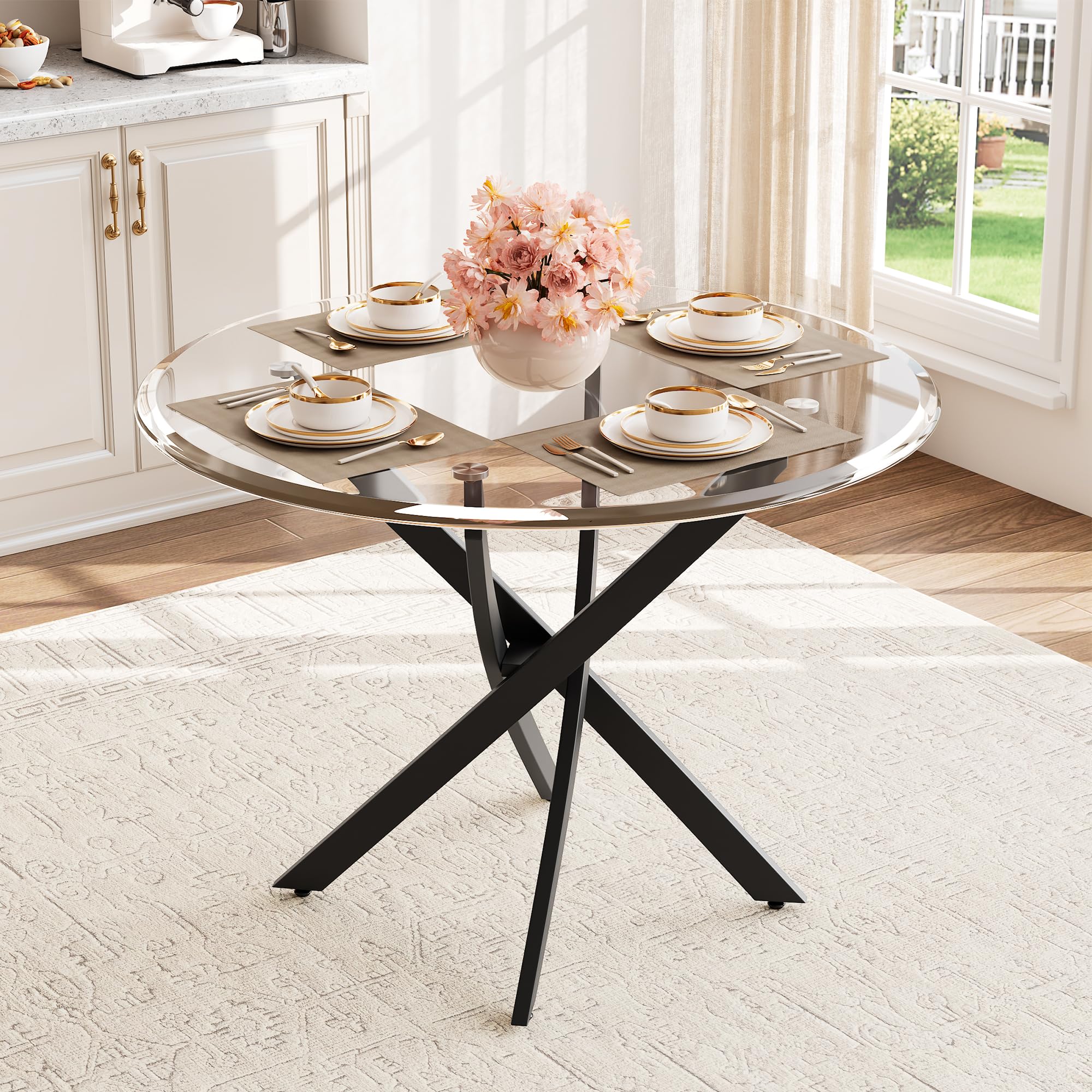 AF ARTISAN FURNITURE 36” Round Glass Dining Table for 4, Clear Tempered Glass Kitchen Table with Black Metal X Legs, Small Round Dining Table for Apartment, Dining Room &amp; Bistro