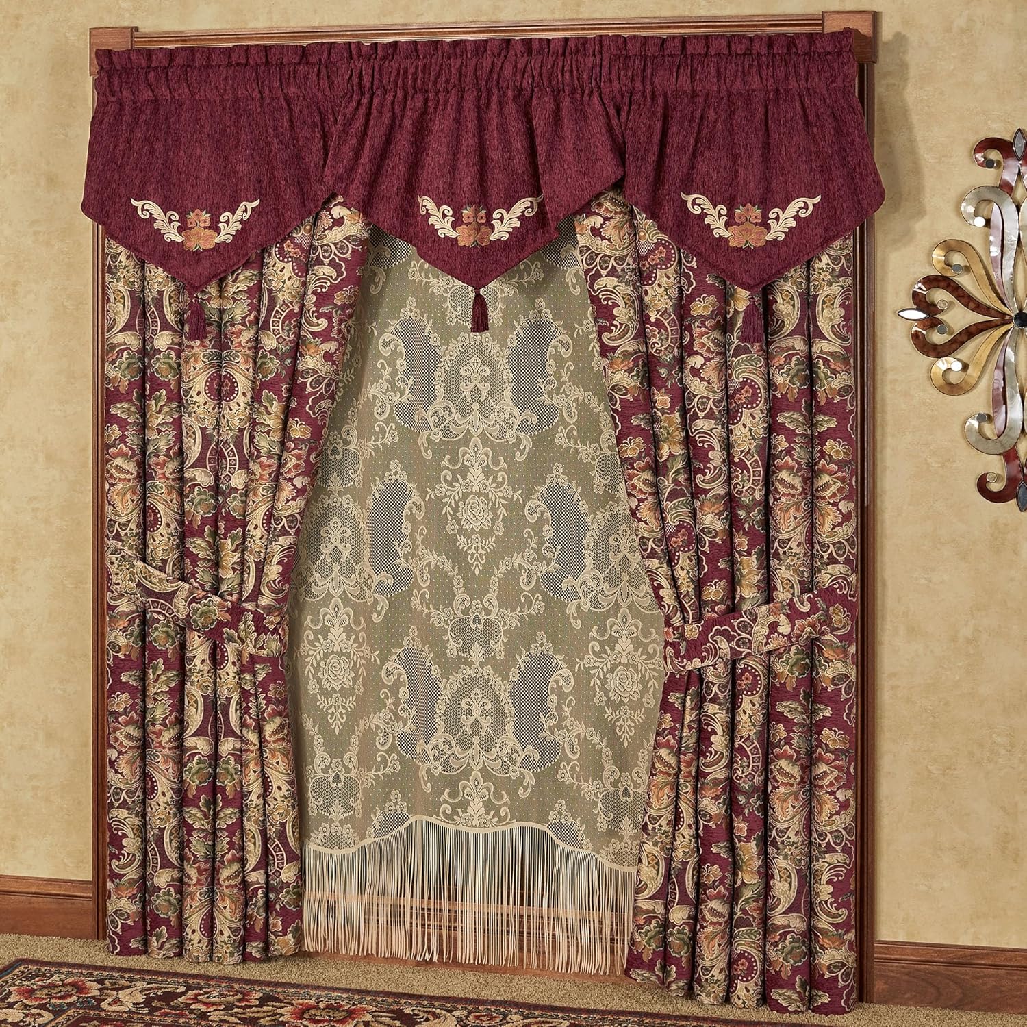 Tosca Chateau Traditional Luxury Window Treatment | Warm, Soft Burgundy Red Chenille | Colorful Woven Classic Jacobean Florals | Wide Drapery Set Includes 3 Tasseled Ascot Valances & 84L Curtain Pair