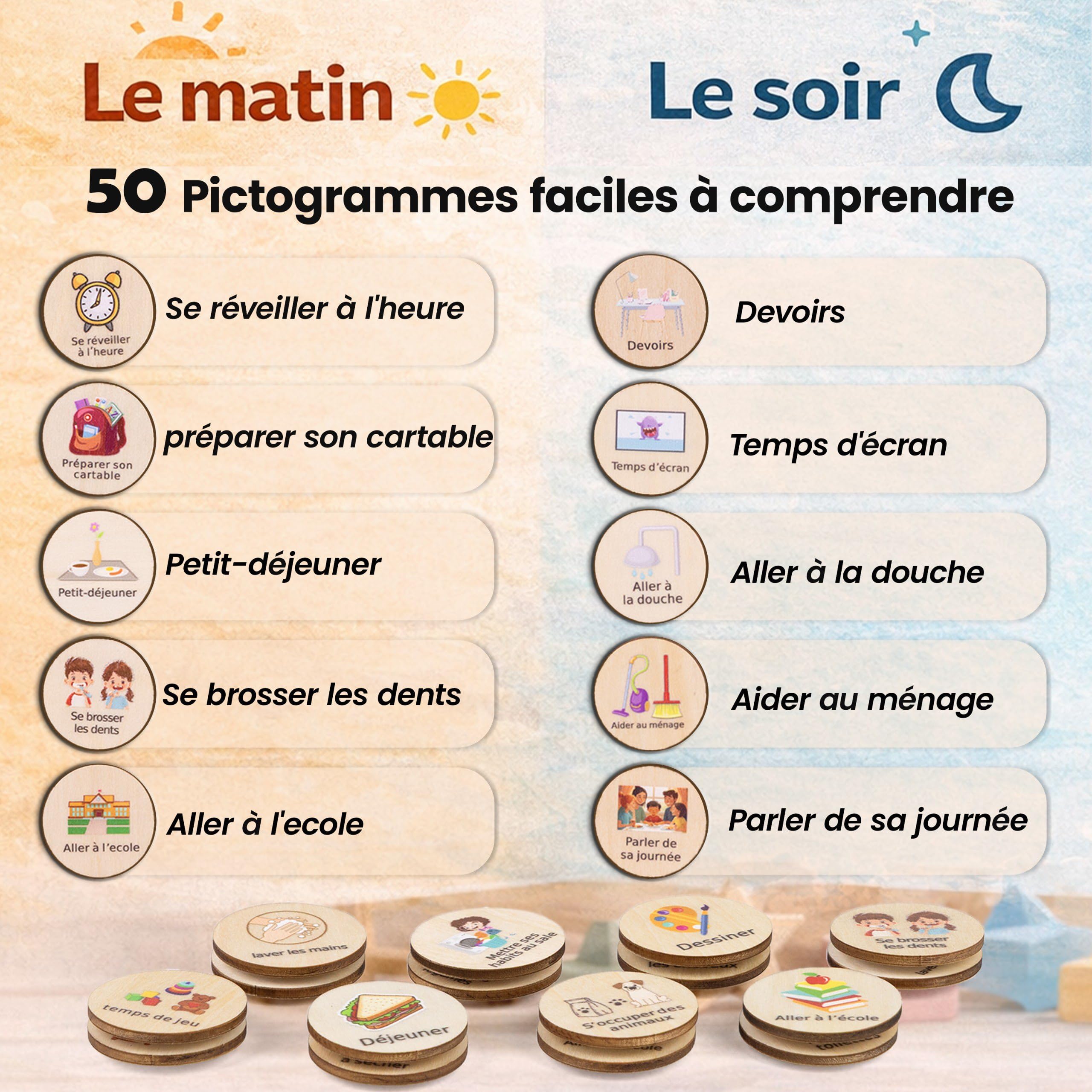 Tableau tâches quotidiennes enfant en bois– Planning Journalier Montessori avec 50 tâches et Pictogrammes Organisateur visuel éducatif - Aide à l'organisation et à l' autonomie de ton enfant