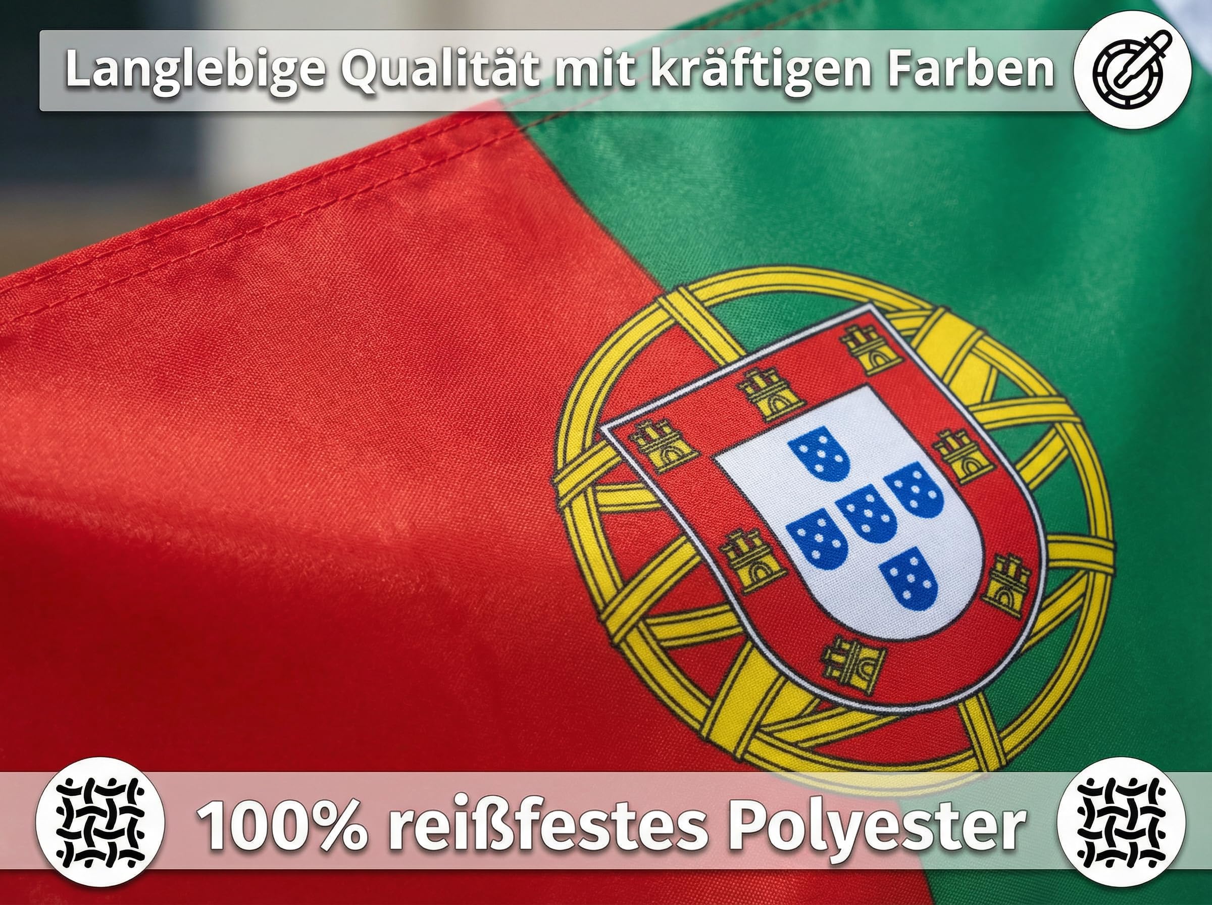 Drapeau Portugal XXL 150x250 cm avec autocollant et 3 œillets métalliques