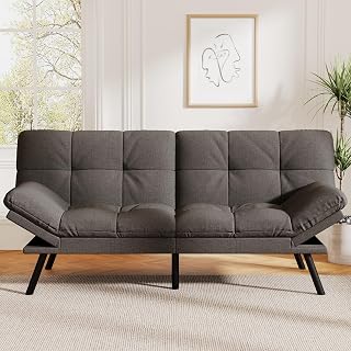 Vipbear Convertible Futon Sofa Bed,Dark Grey Linen Futon Couch with Detachable Cushion,Adjustable Backrest & Armrest,Modern Small Recliner Loveseat Sleeper Couch for Living Room,Office,Apartment