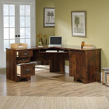 Sauder Harbor View L Shaped Computer Desk Home Office with File Cabinet Storage Drawer, Cable Management, Keyboard Tray, in Curado Cherry finish