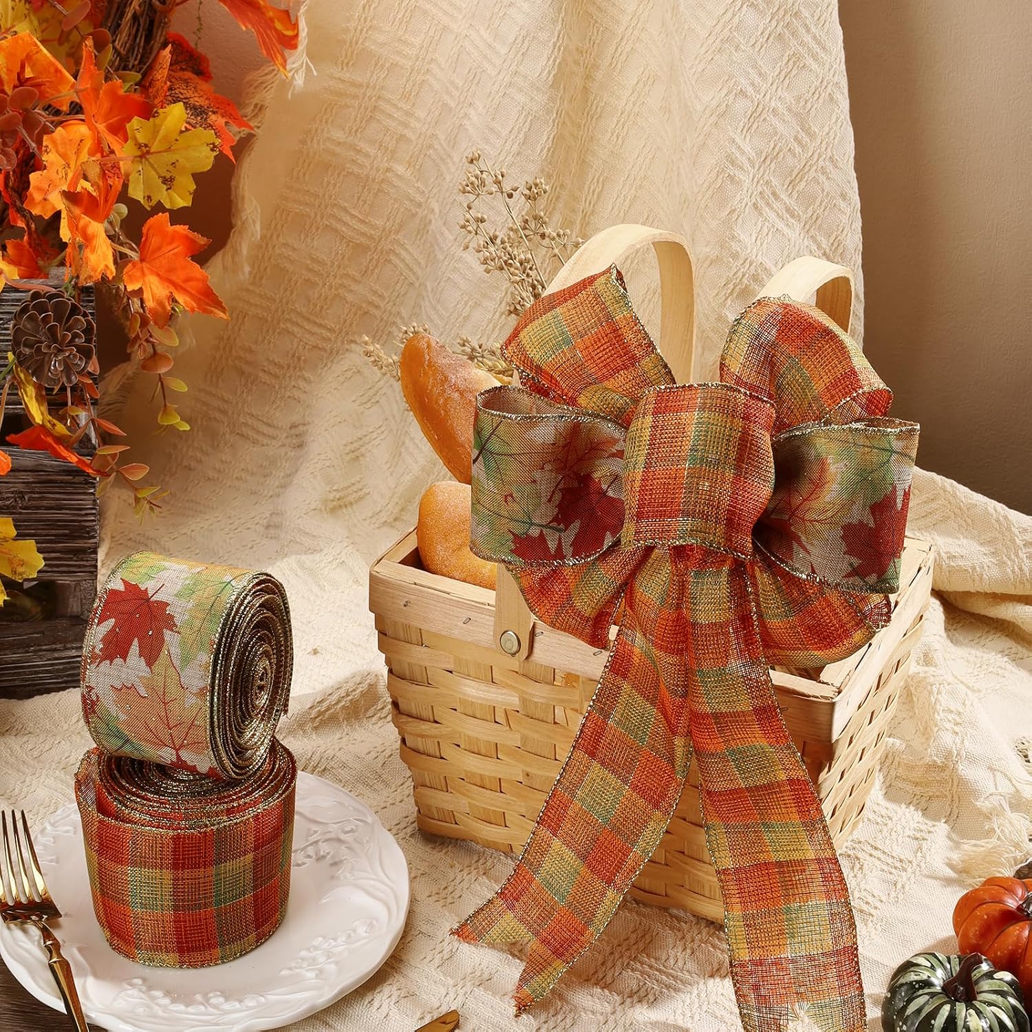 LaRibbons Fall Maple Leaf Plaid Ribbon Wired, 2 Rolls, 20 Yards