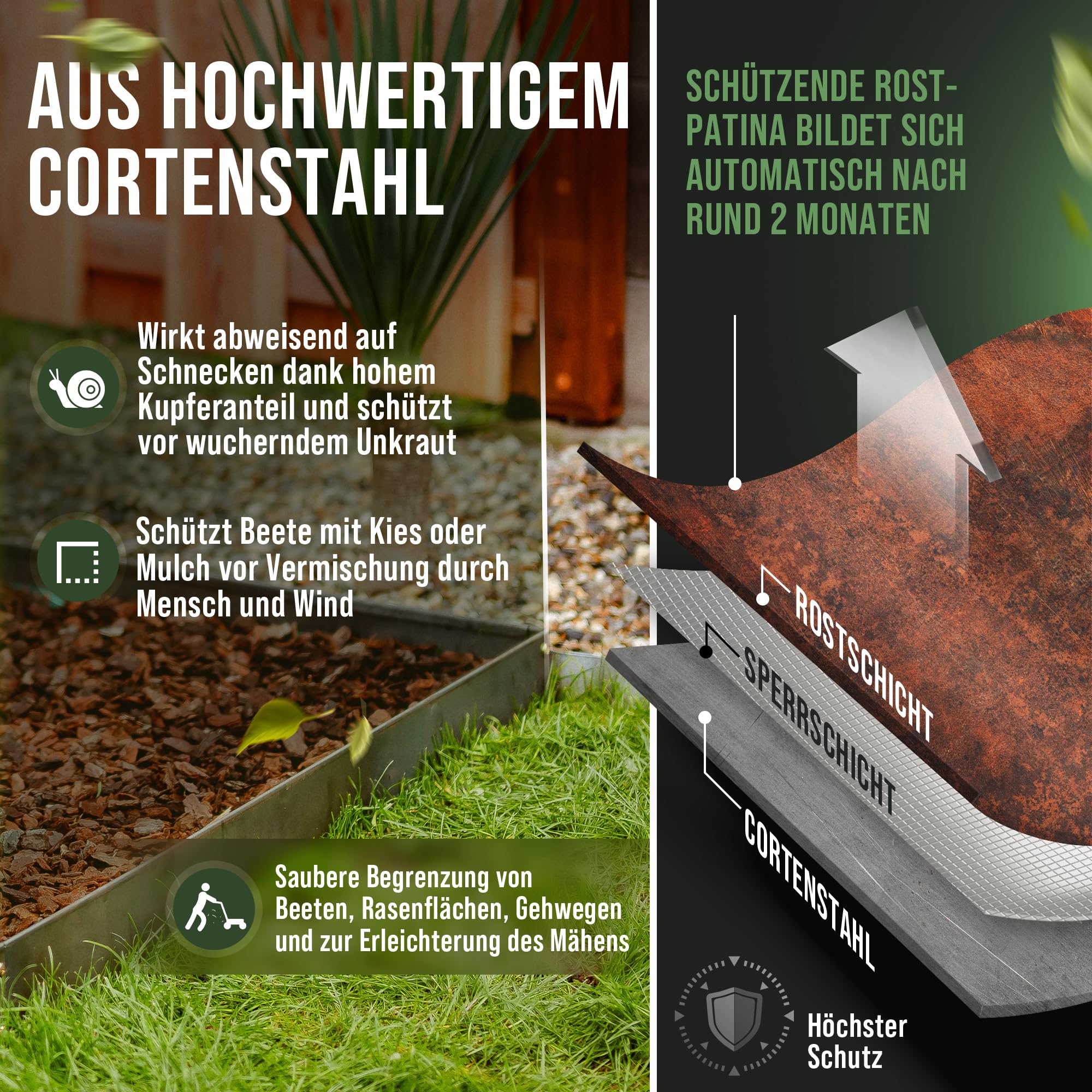 Cortenstahl Rasenkante [Schneckenabweisend] mit Berührschutz | 10x 1m, 1,5mm dick | zur Garten- und Beetgestaltung | Beeteinfassung Metall Cortenstahl Beeteinfassung Rasenkante Metall