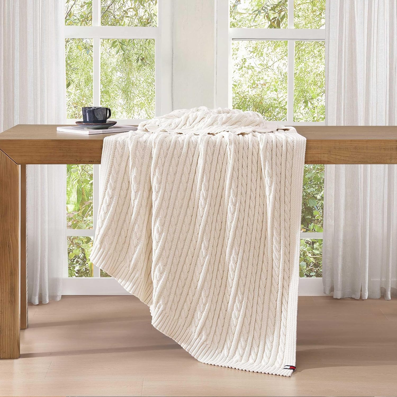 Tommy Hilfiger - Blanket, Ultra-Soft Cable Knit Throw Blanket for Bed or Couch, Lightweight Bedding with a Soft Textured Feel & Iconic Flag Logo (Off-White, 50" x 70") - Image 5