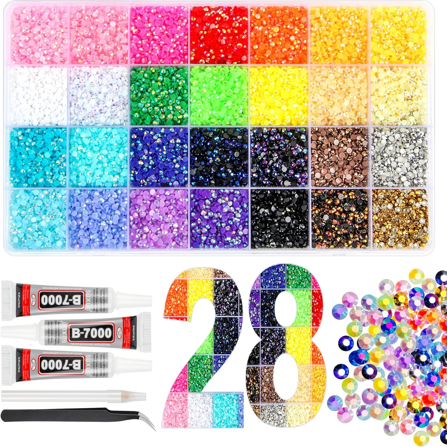 35000Pcs Resin Jelly Rhinestones for Bedazzling, 28 Colors 3mm Flatback Gems for Diamond Art, Bedazzler Kit with 3Pcs 10ml B7000 Jewelry Glue for Crafting Crafts Book Shoes Nail Art