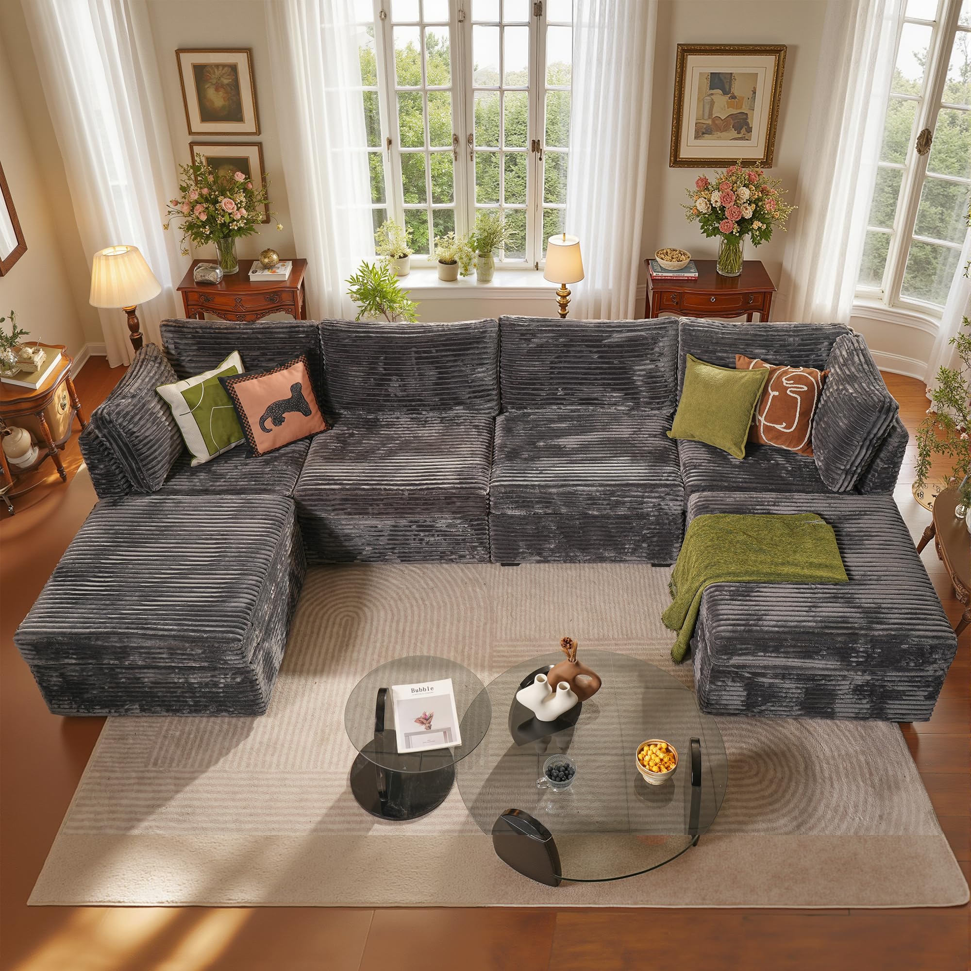 Modular Sectional Sofa Cloud Couch - U Shaped Comfy Oversized Sectional Couches for Living Room,Deep Seat Convertible Sleeper Sofa Bed with Ottoman