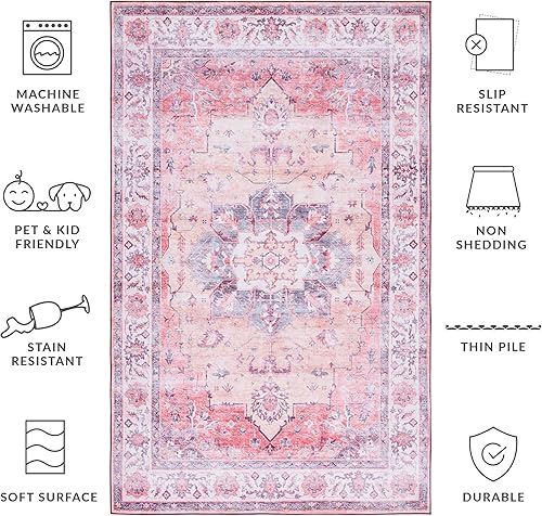 Miniatura 4 de SAFAVIEH Alfombra lavable Tucson Collection - 5 x 8 pies, resistente al óxido y beige, antideslizante, ideal para zonas de alto tráfico en sala de