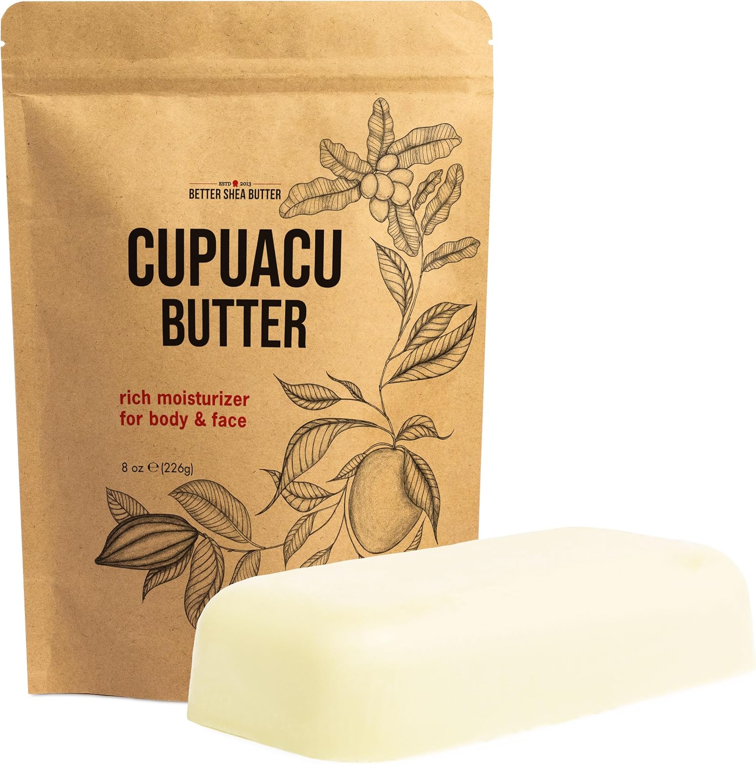 Cupuaçu Butter Raw Unrefined - 100% Pure Brazilian Butter, 8 oz Block | Moisturizer and natural emollient for dry skin and hair. Cosmetic grade body butter base for DIY lotion, balms, soap making.