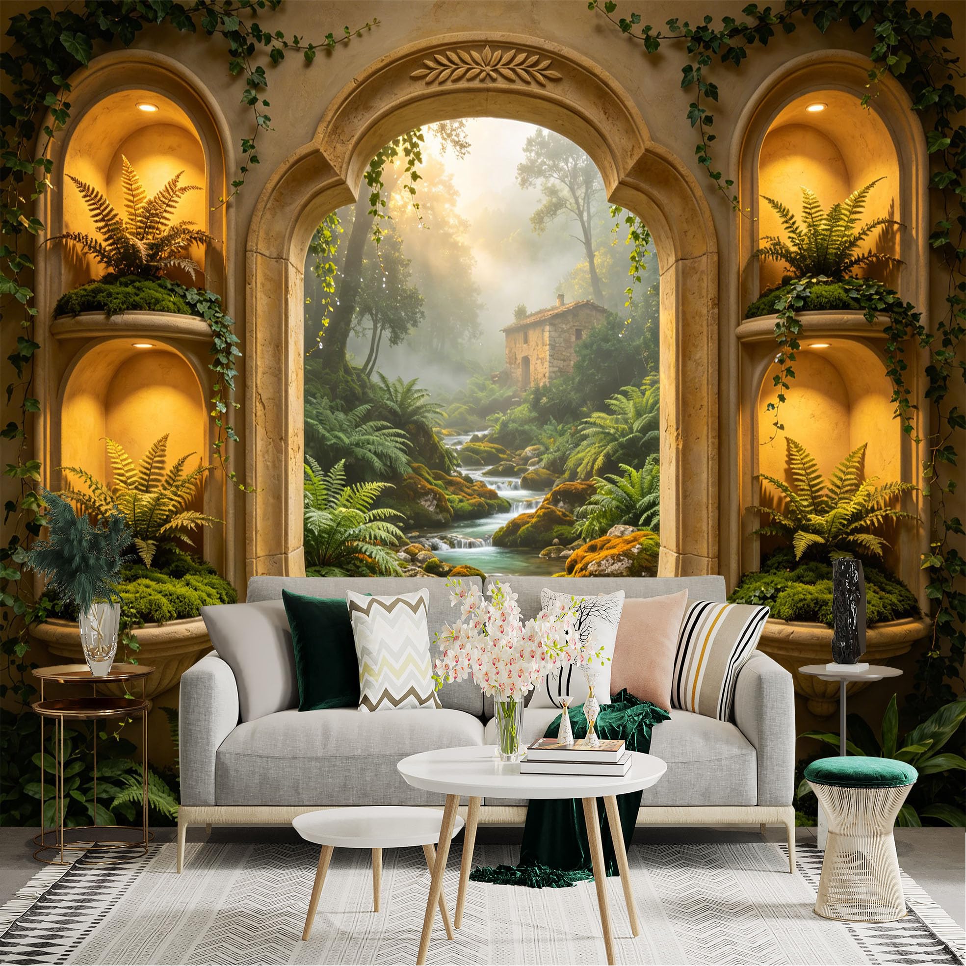 Lnzczhyre Dbh260521440 Custom Size Wall Sticker Mural， Enchanted Stone Cottage By A Misty Forest Stream， Lush Ferns And Ancient Archway， For Wall Decoration， Peelandstick Wall Decals.