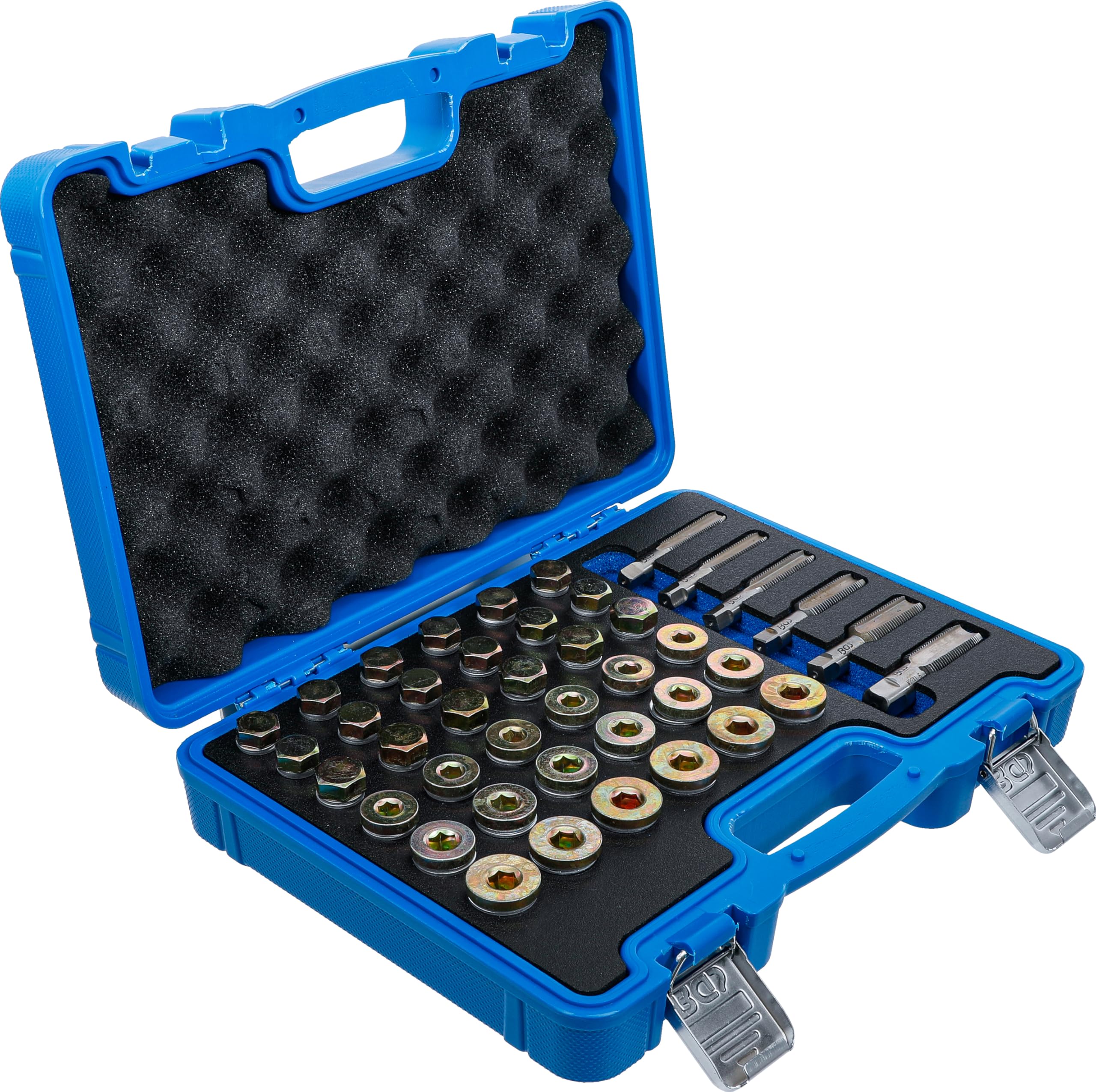 BGS 123 | Reparatursatz für Öl-Ablass-Gewinde | 114-tlg. | 6 Gewindebohrer | 6 Ölablassschrauben | 72 Alu-Dichtringe Ø 13, 15, 17, 20, 22 mm | Chrom-Molybdän-Stahl