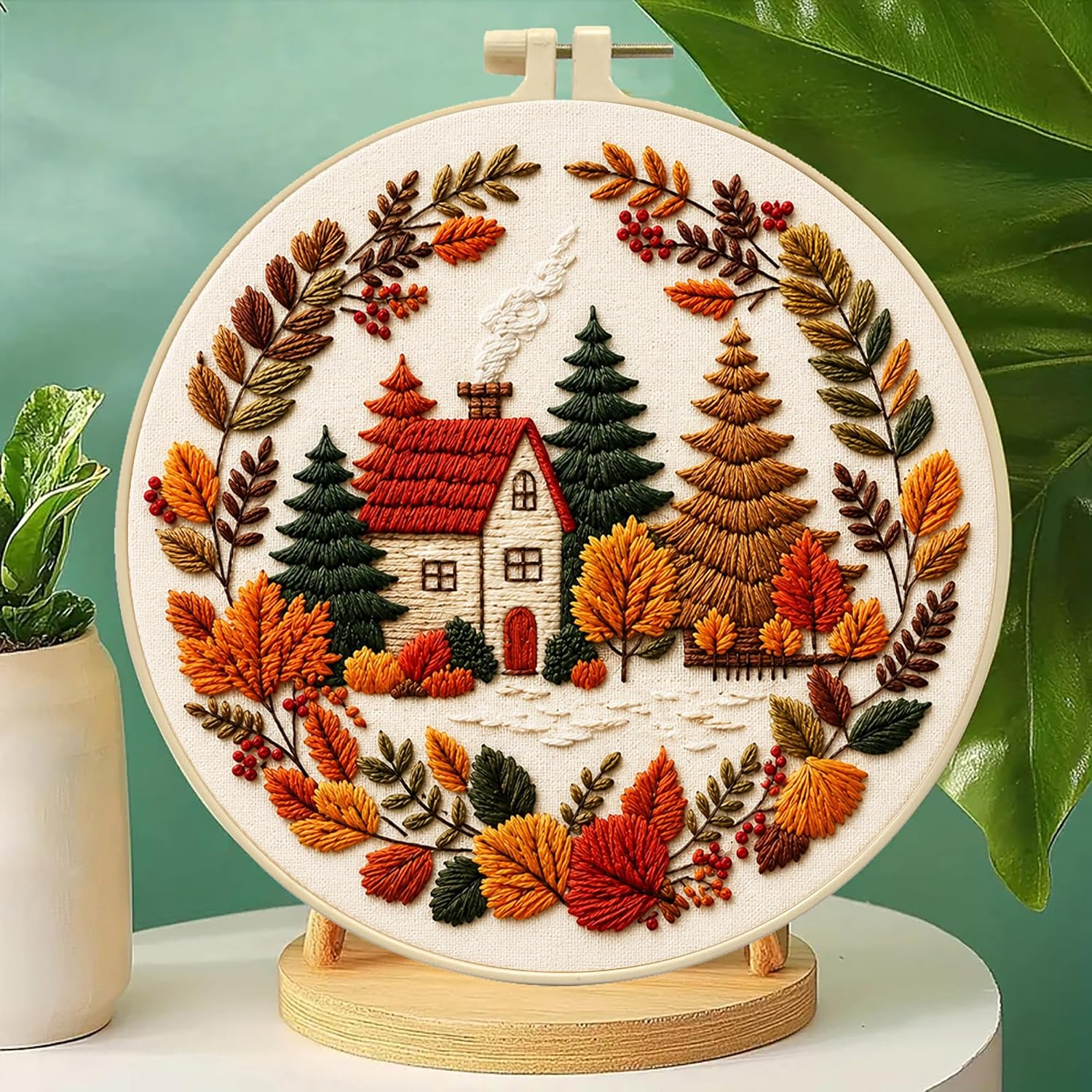 Zhenqing Autumn Cottage Squirrel Embroidery Kit for Beginners, Woodland Cottage Needlework Craft, Printed Fabric with Hoop, Threads & Full Tools, Fall Home Decor DIY Project, 29x29cm (C0058)