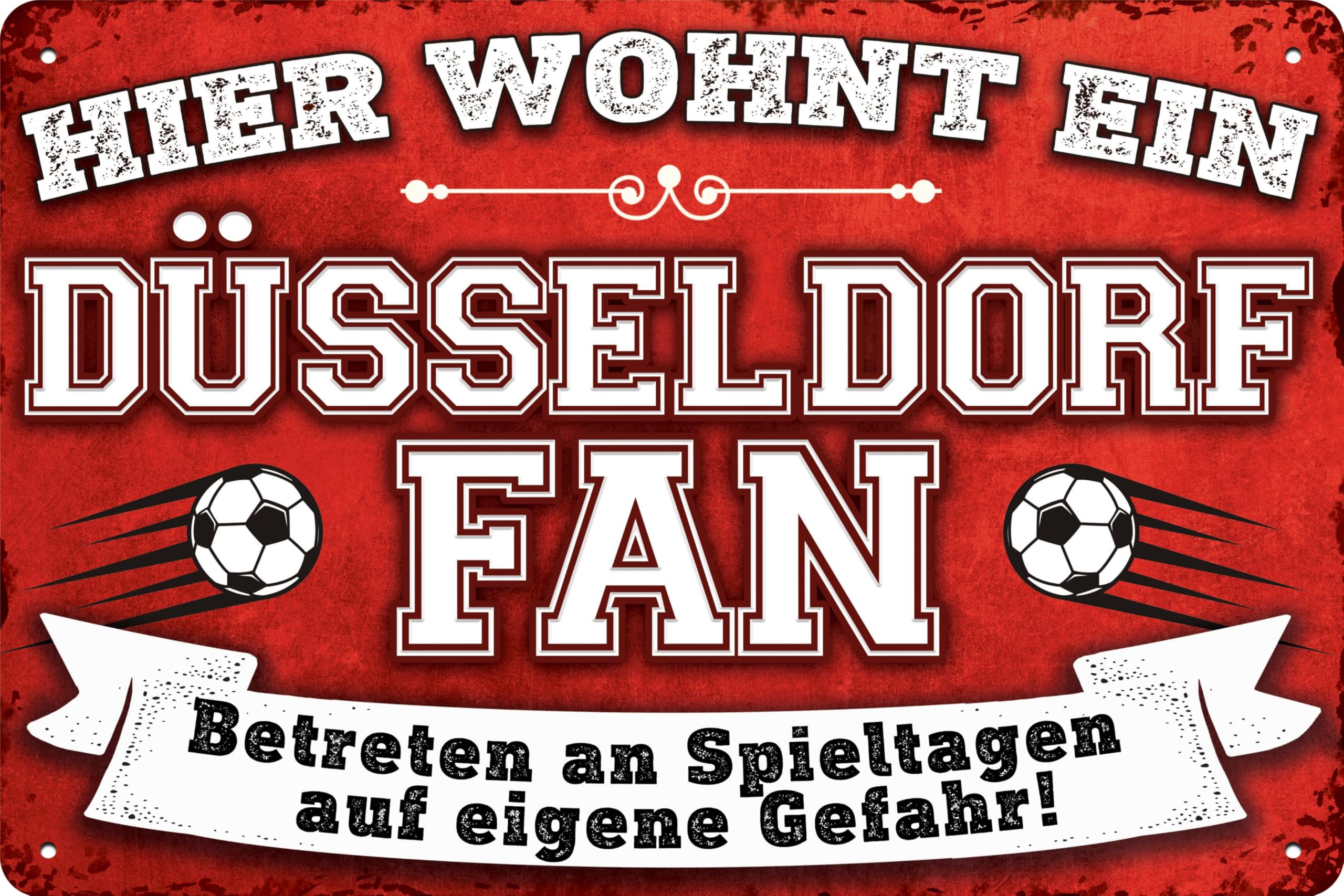 14x20 cm Blechschild für Fußball Fans, hier wohnt ein Düsseldorf Fan – Wandschild, Türschild, Torschild, lustiger Fussball Spruch, Fanartikel