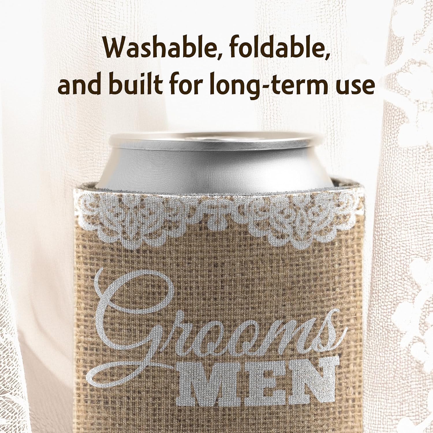 VictoryStore Burlap Rustic Wedding Party Can Coolers – Groomsmen Design – Set of 6 Foam Insulated Beverage Sleeves for 12-16 oz Cans & Bottles – Wedding Favors, Bachelorette Party Gifts
