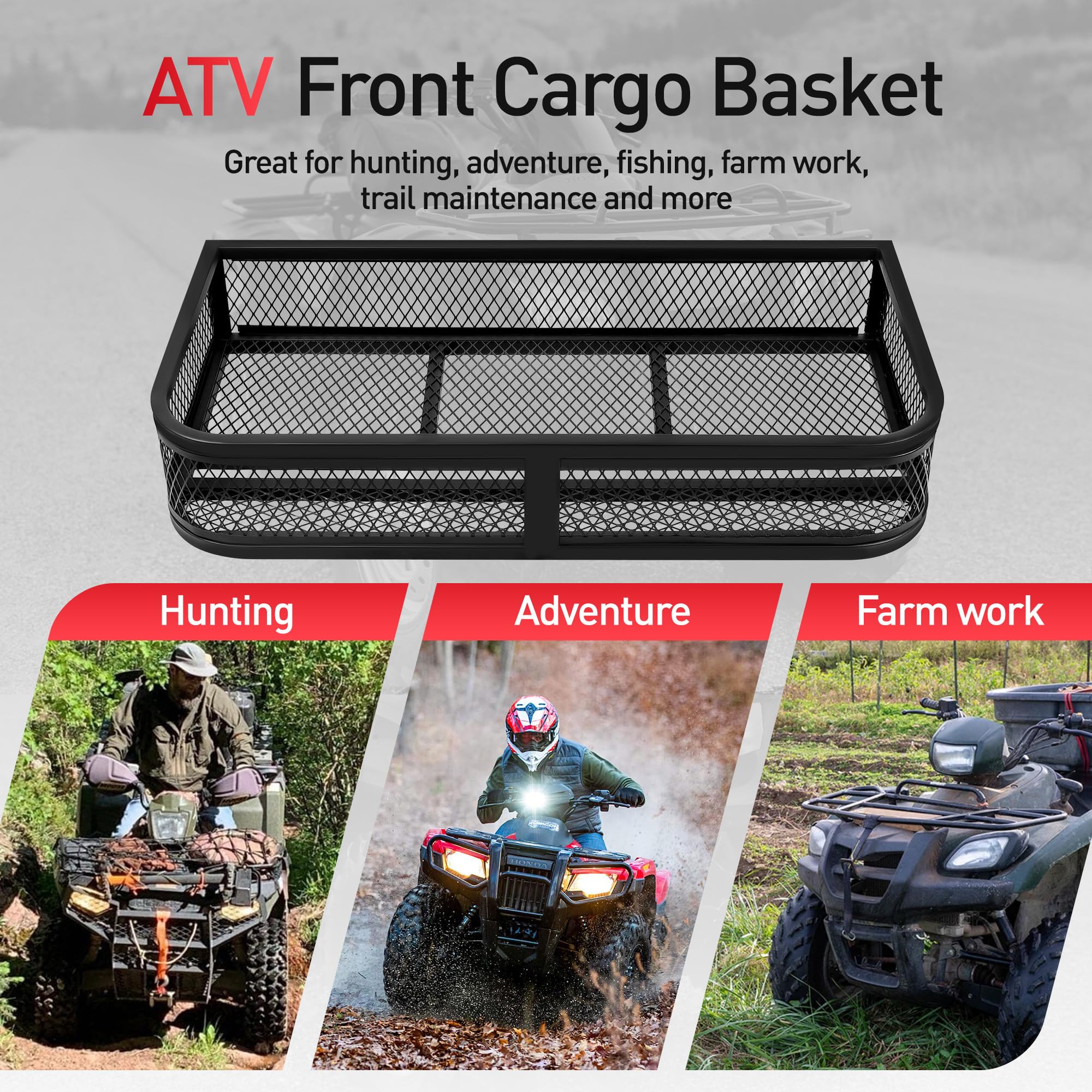 JY PERFORMANCE ATV Front Cargo Basket, Heavy Duty ATV Racks and Baskets for Camping, Fishing, Beach Side Hiking, 91.4 cm L x 43.9 cm W x 16.0 cm H