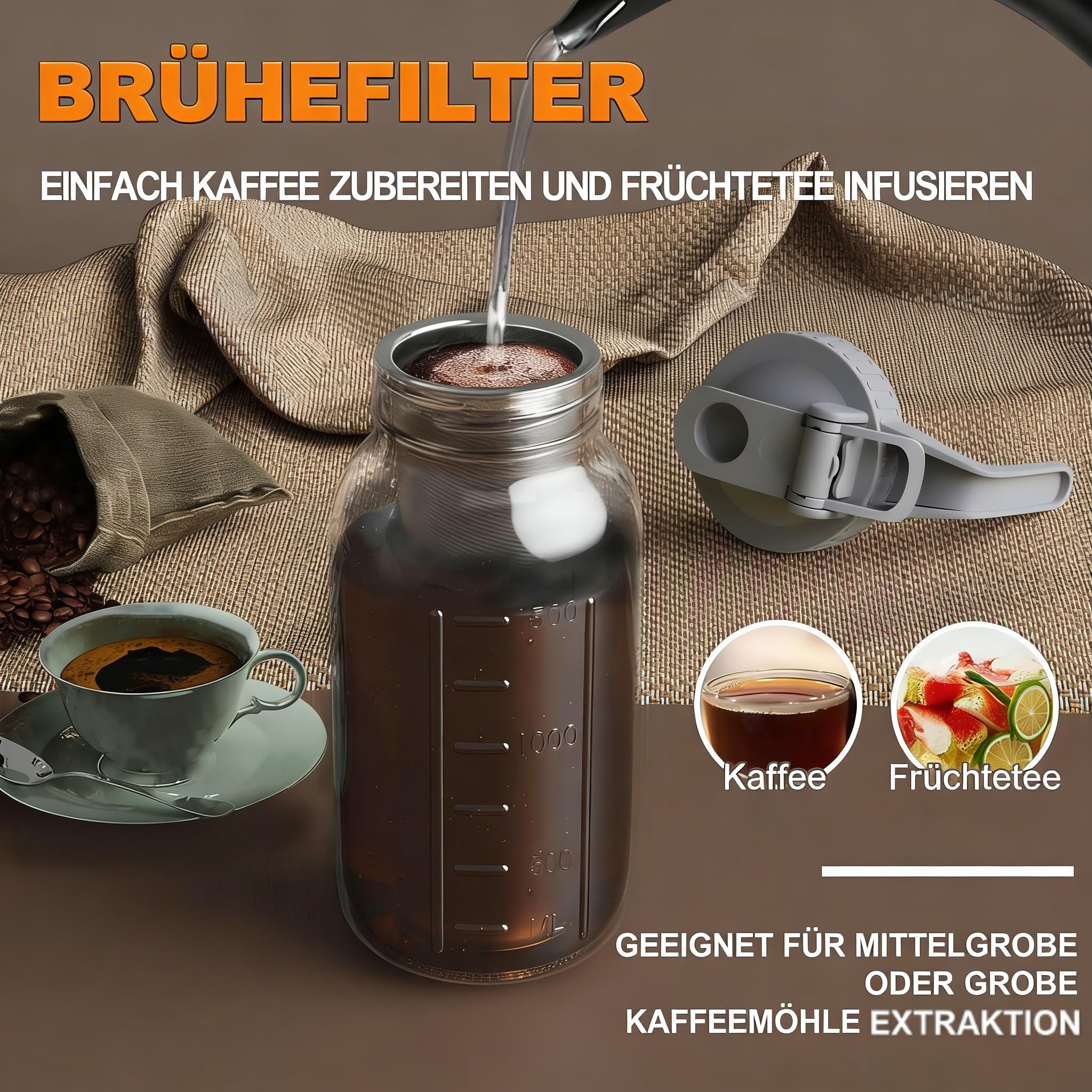 Cold Brew Kaffeebereiter Glas 1,8L, Mehrzweck-Maurerkrug mit Deckel und Filter für Eiskaffee, Limonade, Eistee, Fruchtgetränke