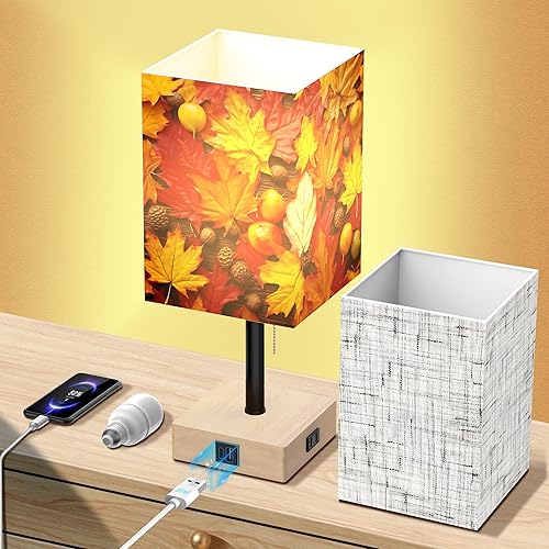 Lámparas de mesita de noche para dormitorio, lámpara pequeña para mesita de noche, luz de escritorio de carga, luces cálidas de hojas de arce de